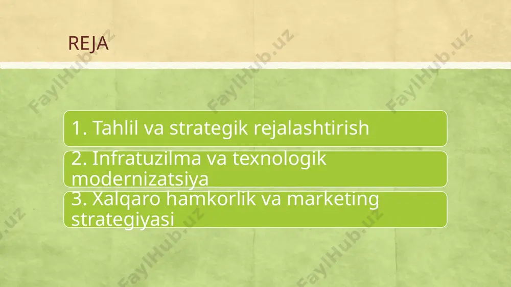 adi va monitoring tizimi tashkil etiladi. shunda maqsadlarga erishish jarayoni doimiy nazorat ostida bo'ladi va zaruratga qarab, o'zgarishlar kiritish imkoniyati yaratiladi. ikkinchi bosqich – infratuzilma va texnologik modernizatsiya bo'lib, ushbu rejada asosiy e'tibor mamlakatning turizm infratuzilmasini va raqamli texnologiyalarni modernizatsiyalashga qaratiladi. bu bosqich quyidagi asosiy yo'nalishlarni o'z ichiga oladi: transport va aloqa tizimlarini zamonaviylashtirish: mamlakat ichidagi va xalqaro transport aloqalarini yaxshilash: yo‘l-transport tarmoqlarini, aeroportlar, temir yo‘llar va ichki transport tizimlarini modernizatsiyalash orqali sayyohlik oqimini oshirish. yangi logistika markazlarini va transport tugunlarini yaratish orqali “buyuk ipak yo‘li” bo‘yicha samarali harakatlanishni ta’minlash. mehmonxona, kurort va turizm ob’ektlarini rivojlantirish: turizmga mo‘ljallangan infratuzilmani kengaytirish: zamonaviy mehmonxonalar, kurortlar va dam olish maskanlarini qurish va mavjud obyektlarni modernizatsiya qilish. xizmat sifatini oshirish va turizm tajribasini boyitish maqsadida yangi texnologiyalar va innovatsion dizayn konseptlarini joriy etish. raqamli platformalar va "aqlli" turizm xizmatlari: onlayn buyurtma tizimlari, virtual sayyohlik ekskursiyalari va interaktiv axborot portallarini yaratish orqali turizm xizmatlarini raqamlashtirish. …