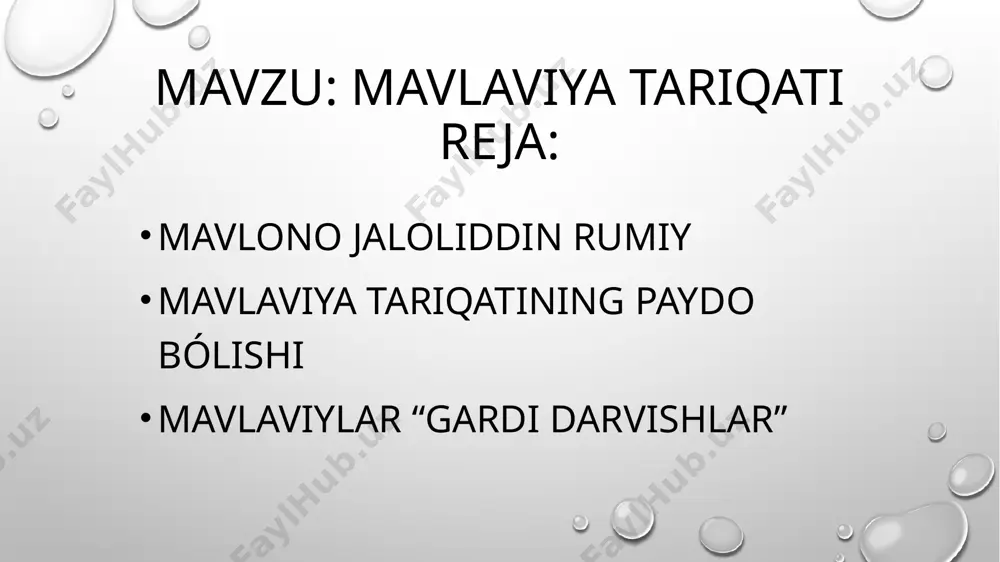 ati yetakchilari mavlaviyaning birinchi rasmiy boshlig‘i shayx va xalifa unvonini olgan hisomiddin hasan chalabiy (vaf. 1264 y.) bo‘lgan. rumiyning o‘g‘li sulton valadni (1226-1312) uning vorisi, tariqatning amaldagi tashkilotchisi, deb hisoblash mumkin. sulton valaddan boshlab mavlaviya rahbarlik lavozimi - asosan katta o‘g‘li ulug‘ orif chalabiy (1272- 1320) orqali-vorislik lavozimiga aylangan. mavlaviya o‘z mavlaviyaxona va takyalariga ega bo‘lib, bu yerda zikri samo qilishgan. boshqa tariqatlardan farqli o‘laroq, mavlaviya jamoa bo‘lib musiqa tinglash, kuylash va gir aylanib zikr tushish marosimiga alohida e’tibor berishgan. mavlaviylar fikricha, mutlaq ruh - ilohning inson qalbidagi zarrasi musiqa ta’sirida, zikr tushish paytida tiniqlashib, poklanadi, ya’ni o‘z o‘zagiga yaqinlashadi, allohga o‘z muhabbatini to‘laroq ifodalashiga yordam beradi. mavlaviylar gardi darvishlar mavlaviylar «gardi darveshlar» nomi bilan ham mashhur bo‘lgan. ularning marosimlari murakkab tuzilgan bo‘lib, musiqa jo‘rligida salavot va gir aylanib raqs tushish bilan boshlangan. ikkinchi qism "salom deb nomlanuvchi to‘rtta raqsli musiqiy bo‘limdan iborat bo‘lib, qur’on qiroati va namoz bilan yakunlangan. …