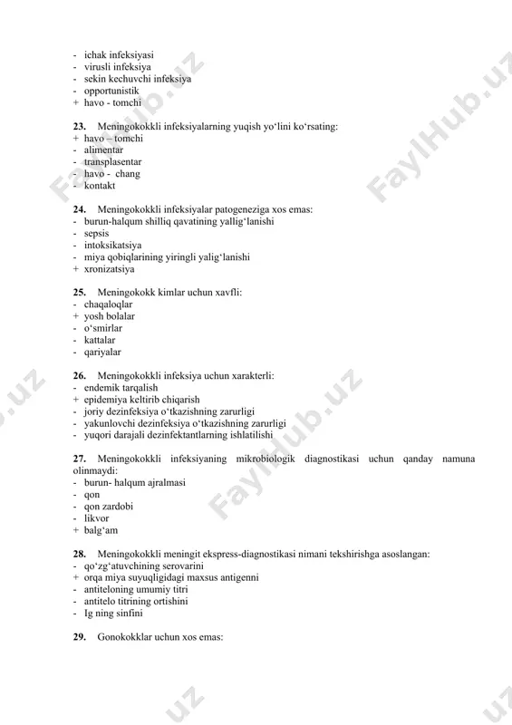 flexneri - s. boydii - s. sonnei + s. typhi 42. bakterial ichburug‘ning qo‘zg‘atuvchisiga xos: - aeroblar - mikroaerofillar - psixrofillar + oziq muhitga talabchan emas - qo‘shimcha o‘sish omillariga muhtoj 43. bakterial ichburug‘ning qo‘zg‘atuvchisiga xos: - kokkobakteriyalar - grammusbat + grammanfiy - spora hosil qiladi - harakatchan 44. bakterial ichburug‘ qo‘zg‘atuvchisini ajratib olish uchun ishlatiladigan elektiv muhitlarni belgilang: - tuxumli- tuzliagar, qonli agar + ploskirev, endo - zardobli agar - shokoladli agar - vismut-sulfit agar (vsa) 45. bakterial ichburug‘ qo‘zg‘atuvchilari qaysi xossalari bo‘yicha farq qilmaydi: + morfologiyasi, gram bo‘yicha bo‘yalishi - biokimyoviy xossalari - antigenlik xossalari - tashqi muhit omillariga chidamliligi - yuqish omillari 46. bakterial ichburug‘ qo‘zg‘atuvchisining yuqish yo‘llari: - havo-chang + alimentar, kontakt - transplasentar, jinsiy - transmissiv - havo-tomchi 47. salmonellezli toksikoinfeksiyalarda infeksiya manbai: - kasal odamlar - bakteriya tashuvchilar - oziq- ovqatlar - suv + kasallangan hayvonlar 48. salmonellezli toksikoinfeksiyalarda qo‘zg‘atuvchi to‘planadi: - ingichka ichakda …
