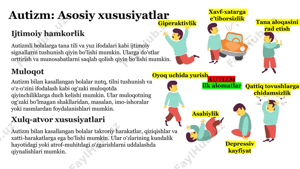 urdagi terapiya ko‘nikmalarni rivojlantirishga yordam beradi. ta’lim maxsus ta’lim dasturlari, individual o‘quv rejalari va moslashtirilgan o‘quv muhiti qo‘llab-quvvatlashni ta’minlaydi. oila oilalarni qo‘llab-quvvatlash, xavfsiz va rag‘batlantiruvchi muhitni yaratish, shuningdek, tushunish va qabul qilish muhimdir. yodda tuting: autizm inson kimligining bir qismidir. autizmga chalingan har bir inson o‘ziga xos bo‘lib, barcha uchun inklyuziv muhitni yaratish muhimdir.