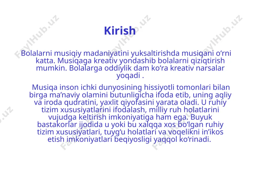 musiqiy ritmikasi borasida malakalarni rivojlantirish. 9 maktabgacha yoshdagi bolalarga kreativ yondashgan holatda musiqani o‘rgatish. bolalar tomonidan musiqa idrokining chuqur o`zlashtirilishiga erishish, milliy musiqamizni jahon miqyosida keng targ`ib qilish, ulardagi ilg`or milliy-ma’naviy qarashlarni, yetuk g`oyalarni, progressiv dunyoqarashlarni o`sib kelayotgan yosh avlod ongiga va qalbiga singdirish, ularga musiqani to`gri yo`nalishda idrok etishni o`rgatish masalasi hozirgi davrda eng dolzarb muammolardan biri bo`lib turibdi 10 hozirgi vaqtga kelib, butun jahon xalqlarining e`tiborini o`ziga qaratayotgan “sharq taronalari” xalqaro musiqa festivali 1997-yildan buyon har ikki yilda bir marta samarqand shahrida o`tkazib kelinmoqda va yildan yilga an’anaviy tus olmoqda. bu milliy musiqamizning jahon xalqlari tomonidan idrok etilib, e’tirof etilayotganligini bildiradi. ushbu festivalda sharq xalqlari musiqiy ijodi namunalari, an’anaviy uslubdagi milliy kuy- qo`shiqlari, mumtoz va zamonaviy milliy musiqa asarlariga xos bo`lgan kuy-qo`shiqlar ham ijro etilib, muvaffaqiyat bilan ishtirok etib kelmoqda. 11 maktabgacha yoshdagi bolarga musiqa fanini kreativ yo‘llar bilan o‘rgatish maqsadida. bolalar bilan turli hil san‘at arboblari bilan …
