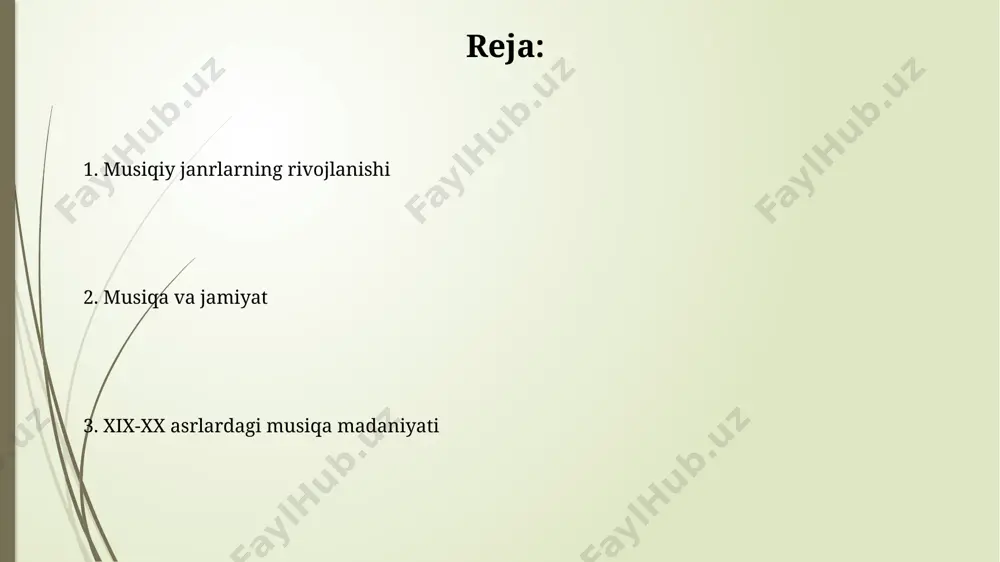 transkripsiyasi uning pianino ijrosidagi mohirligini namoyish etadi. 1830-1850 yillar oralig'ida germaniya va fransiyada romantizm davri musiqasining ommaviylashuvi kuzatildi, bu davrda ko'plab yangi konsert zallari va musiqa jamiyatlari tashkil etildi. 20-asr avangard musiqasi 20-asr avangard musiqasining 12 tonali texnikasi, arnold şönberg tomonidan yaratilgan va vena shahrida paydo bo'lgan, an'anaviy tonal tizimlarni inkor etib, 12 ta xromatik tovushni teng huquqli ravishda qo'llagan. 1920-yillarda parij shahrida yuzaga kelgan dadaizm va sürrealizm harakatlari 20-asr avangard musiqasiga kuchli ta'sir ko'rsatib, ko'pincha shovqinlar va nostandart instrumentlardan foydalanishni o'z ichiga olgan. jazz musiqasining paydo bo'lishi va rivojlanishi 1930-yillardan boshlab, sving va big-bend uslublari kabi yangi jazz uslublari paydo bo‘lib, butun dunyo bo‘ylab 1000 dan ortiq musiqachilarni o‘ziga jalb qildi va jazzning ommabopligini yanada oshirdi. jaz musiqasi 19-asr oxiri 20-asr boshlarida, asosan nyu-orlean, luiziana shtatida, afro-amerika musiqa an’analari va evropa musiqa uslublarining o‘zaro ta’siri natijasida paydo bo‘lgan. e'tiboringiz uchun rahmat @taqdimot_robot image1.jpg image2.jpg image3.jpg image4.jpg image5.jpg image6.jpg image7.jpg