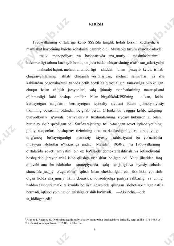 lq xo‘jaligi va siyosiy sohada, shunchaki juz‗iy o‘zgarishlar qilish bilan cheklanilgan edi. eskilikka yopishib olgan holda ma‗muriy tizim doirasida, iqtisodiyotga partiya rahbarligi va uning haddan tashqari mafkura izmida bo‘lishi sharoitida qilingan islohotlarkutilgan natija bermadi, iqtisodiyotning jonlanishiga erishib bo‘lmadi. ―aksincha,—deb ta‗kidlagan edi.1 1 alimov i. rajabov q. o‘zbekistonda ijtimoiy-siyosiy inqirozning kuchayishiva iqtisodiy turg‘unlik (1971-1985 yy) //o‘zbekiston respublikasi. t, 2006. b. 182-184 i. bob sotsializmni isloh qilishga urinish: “qayta qurish” siyosati 1.1 xalq xo’jaligida “qayta qurish”ning samarasizligi. o’zbekiston bilan markaz manfaatlari o’rtasidagi ziddiyatlarning kuchayishi. mustabid tuzum ishlab chiqarish samaradorligi, mahsulot sifati, fan-texnika taraqqiyoti bo‘yicha birin-ketin mavqeni qo‘ldan boy bera boshladi, jahonning ancha rivojlangan mamlakatlariga nisbatan oradagi farq xavfli ravishda ortib bordi. sovet iqtisodiyoti jahonda bu borada yuz berayotgan yangiliklarga butunlay e‗tibor bermaydigan bo‘lib qoldi, mutaassibligi va puxta emasligi bilan ajralib turdi. biroq asosiy xavf shundan iborat ediki, mehnatga nisbatan qiziqtirish tizimining nuqsonlari odamlar ruhiyatining buzilishiga, boqimandalik kayfiyatlarinin avj olishiga olib keldi. ya‗ni, …