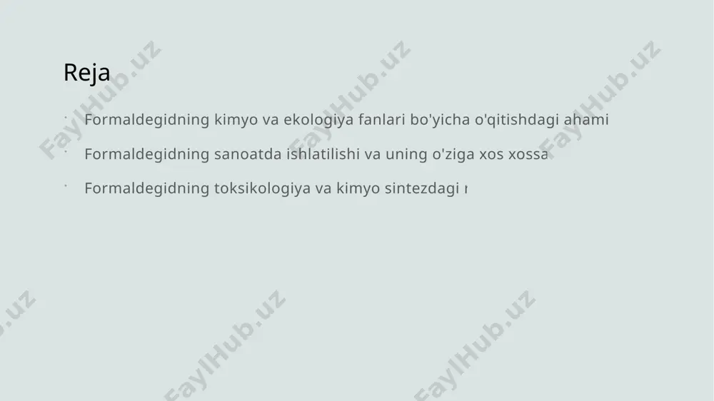 ri kimyo sintez jarayonida formaldegidningning o'ziga xos xossalari va to'qimachilik sifati o'rganiladi, bu natijalar organik kimyo va sanoat sohasida keng qo'llaniladi. formaldegidningning o'ziga xos kimyo xossalari formaldegidning kimyoviy sintezi, ekologik ta'siri va toksikologiyasi haqida tushuncha beriladi. organik kimyo, sanoat sohalarida foydalanish va muhimi. key wordlar: preservativ, dezenfektant, sanoat, ekologiya, toksikologiya. photo by fulvio ciccolo on unsplash formaldegidning o'ziga xos kimyoviy reaktsiyalarining o'rganish yollari kimyo reaktsiyalari formaldegidning kimyo reaktsiyalari, polimerizatsiya, oksidatsiya, va reduksiya kabi jarayonlar orqali olib boriladi, ularga o'ziga xos xossalari bilan ajratiladi. polimerizatsiya polimerizatsiya reaktsiyalari formaldegidning molekulalarini bir-biriga bog'lash jarayonini ifodalaydi. bu jarayonlar o'ziga xos polimer molekulalarni hosil qilishda muhim bo'ladi. oksidatsiya oksidatsiya reaktsiyalari formaldegidning oksigen bilan aloqasi natijasida yuz beradi. bu jarayon formaldegidning kimyo sintezida va uning to'qimachilik sifatlarini tushuntirishda ahamiyatga ega. reduksiya reduksiya formaldegidning molekulalarining oksigen bilan aloqasini kamaytirish jarayonini anglatadi. bu reaktsiyalar kimyo sintezda formaldegidni boshqa moddallarga aylanishi paydo bo'ladi. formaldegidning kimyoviy sintezda ishlatilishi 1 kimyo …