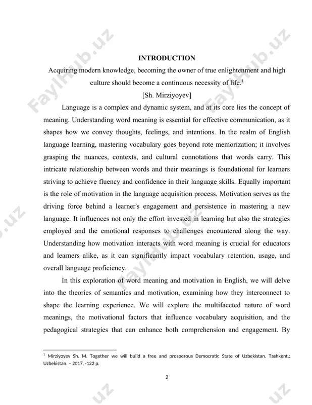cators and learners alike, as it can significantly impact vocabulary retention, usage, and overall language proficiency. in this exploration of word meaning and motivation in english, we will delve into the theories of semantics and motivation, examining how they interconnect to shape the learning experience. we will explore the multifaceted nature of word meanings, the motivational factors that influence vocabulary acquisition, and the pedagogical strategies that can enhance both comprehension and engagement. by bridging these two critical aspects of language learning, we aim to provide insights that can empower learners and educators to foster a more enriching and effective educational environment. through this journey, we will uncover the ways in which a deep understanding of word meanings can enhance motivation and how motivated learners can navigate the complexities of vocabulary acquisition with greater ease and enthusiasm. ultimately, the interplay between word meaning and motivation is not just an academic inquiry; …