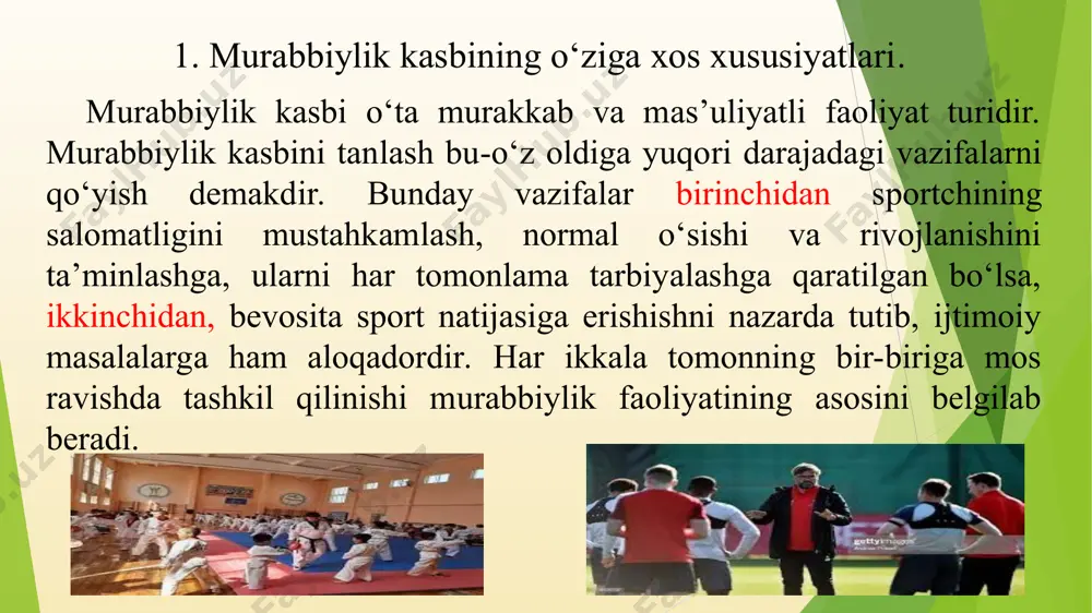 larga pedagogik holatni tahlil etish va har biri alohida holatlar to‘g‘ri bo‘lgan guruh hamda shaxsga ta’sir etish uslubini aniqlash imkoniyatini beradi. didaktik imkoniyatlar izhor etilayotgan materiallarni yetarli darajada tushunarli etib uzatish, uni muvofiq tarzda shogirdlar shaxslariga yo‘naltirish, ularning e’tiborini tortish, mashg‘ulotlarida apatiyani yengish imkoniyatini beruvchi usullar yig‘ndisidir. mazkur imkoniyatlar yosh sportchilarga bilim berish usullarini doimiy ravishda rivojlantirish, mashg‘ulotlarini ijodiy o‘tkazish imkoniyatini beradi. kommunikativ imkoniyatlar murabbiyga shogird bilan yaxshi muloqot o‘rnatish imkoniyatini beradi. murabbiy kommunikativligi uning pedagogik taktida, yosh sportchilar bilan yoki ularning orasida konfliktlarni bartaraf eta olishda yorqin namoyon bo‘ladi. kommunnikativ imkoniyatlarda katta ahamiyatga empatiya, ya’ni boshqa shaxslar hissiyotlariga javob bera olishga ega. kommunnikativ imkoniyatlar nafaqat yosh sportchilar bilan muloqotda, balki bolalar sport guruhlari bilan tarbiyaviy ishga jalb etilgan boshqa shaxslar orasida kuzatiladi. akademik imkoniyatlar (ilmiy tadqiqotlarga imkoniyatlar, shaxsiy tajriba umumlashtirilishi) murabbiy uchun psixologiya va pedagogika sohasida doimiy tajriba orttirish, faoliyatiga ishning ilmiy-tadqiqot uslublarini tatbiq etish uchun zarur. mazkur klassifikatsiyadan …