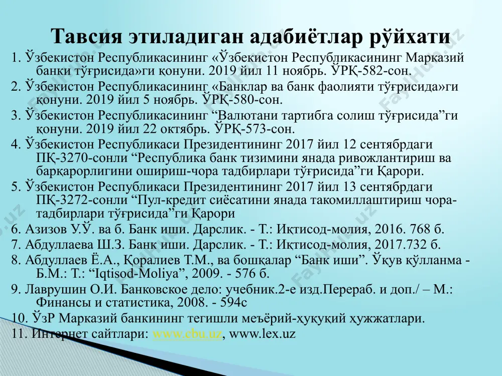 ларининг даромадлари бир неча хусусиятларига кўра тавсифланиши мумкин. 1) қабул қилинган бухгалтерия ҳисоби тизими ва стандартларига боғлиқ равишда (кейинчалик тўхталамиз) 2) олинган даромадлар даврига нисбатан жорий ва келгуси давр даромадларига. 3) вақт ва иқтисодий имкониятларига кўра. доимий (стабильный)- фоизли даромадлар ва фоизсиз даромадлар; вақтинчалик (нестабильный)- қимматли қоғозларни иккиламчи бозор операцияларидан олинган; кўзда тутилмаган операциялардан олинган даромад; валюта операцияларидан олинган даромад (кўпчилик банклар шу кунларда). тижорат банкларининг даромад манбалари фоизли даромадлар фоизсиз даромадлар ссудалардан олинган фоизлар бошқа банкларга жойлаштирилган депозитлардан олинган фоизлар банк хизматлари учун тўловлар ва йиғимлар инвестициядан даромад валюта операцияларидан даромад брокерлик операцияларидан даромад лизинг операцияларидан даромад корхоналарни ташкил этишда таъсисчиликдан даромад форвард контрактидан даромад қимматли қоғозлар бўйича фоизлар қатъий белгиланган фоиз ставкаларидан қимматли қоғозлар бозор баҳосининг ошишидан олинган даромадлар республикамиз тижорат банкларининг фоизли даромадлари таркибига 9 та асосий даромад тури киритилган: банкнинг марказий банкдаги ҳисобварақлари бўйича олинган даромадлар. банкнинг бошқа банклардаги ҳисобварақлари бўйича олинган даромадлар. сотиб олинган векселлар …