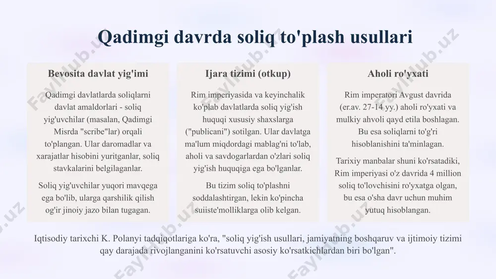 genua) ilk marta savdo soliqlarining mukammal tizimi yaratilgan. tarixchi f. braudel tadqiqotlaridan ma'lum bo'lishicha, aynan shu davrda ulgurji savdo operatsiyalari uchun soliqlar joriy etilgan, bu esa xalqaro savdoning rivojlanishiga yordam bergan. 8 o'rta asr sharq davlatlarida soliq tizimlari islom davlatlari arab xalifaligida zakot (daromadning 2,5%), xiroj (yer solig'i), jizyah (muslim bo'lmagan aholidan olinadigan soliq), ushr (savdo solig'i) joriy etilgan. xitoy tang va sun sulolalari davrida dehqonlardan hosilning 1/30 qismi, hunarmandlardan ehtiyoj bo'lgan mahsulotlar, savdogarlardan esa savdo hajmidan kelib chiqib soliq undirilgan. hindiston gupta imperiyasi va keyinchalik dehli sultonligi davrida yer egalaridan hosilning 1/6 qismi, savdogarlardan esa 1/20 qismi soliq sifatida undirilgan. yaponiya heian va kamakura davrlarida soliqlar asosan riso'ku (sholi solig'i), yoeki (mehnat solig'i) va cho'bu (to'qimachilik solig'i) shaklida undirilgan. ibn xaldunning "muqaddima" asarida (xiv asr) ta'kidlanishicha, "adolatli soliqlar davlatning asosiy ustunlaridan biridir. agar davlat xalqdan ortiqcha soliq undirsa, bu savdo va ishlab chiqarishning pasayishiga olib keladi." o'rta asr sharq …