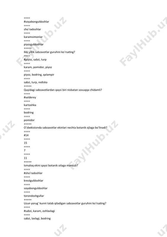hi, mevalari etilishi ==== o‘simliklarni ildiz sistemasini va barg poyalarining kattalashuvi +++++ yarim issiq parniklarda biologik yonilg‘i qalinligi necha sm bo‘ladi? ==== #30-40 ==== go‘ng solinmaydi ==== 10-15 ==== 5-7 +++++ himoyalangan er inshootlari necha turga bo‘linadi? ==== #3 ==== 5 ==== 8 ==== 4 +++++ himoyalangan er inshootlari necha usulda istiladi? ==== #3 ==== 8 ==== 7 ==== 6 +++++ ilitilgan erlardan ko‘proq qaysi davrda foydalaniladi? ==== #erta bahorda ==== qishda ==== kuzda ==== yozda +++++ markaziy mintaqalarda vaqtincha himoyalangan yerlarga karam ko‘chatlari dalaga qachon ekiladi? ==== #fevral-mart boshida ==== mart-aprel boshida ==== yanvar-fevral boshida ==== dekabr-yanvar boshida +++++ parniklarni issiqxonalardan farqi? ==== #yon devorchalari past bo‘lganligi uchun o‘simliklar tashqaridan turib parvarishlanadi ==== yon devorchalari bo‘lmaydi, o‘simliklarga ichkaridan kirib ishlov beriladi ==== usti parnik romlari bilan yopilganligi uchun ichiga kirib bo‘lmaydi ==== isitish tarmoqlari bo‘lmaydi +++++ tuproq aralashmasini tayyorlashda qanday zararsizlantirish usullari eng samarali hisoblanadi? ==== #kimyoviy ==== quyosh …
