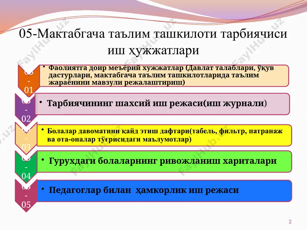 ожлантириш борасидаги давлат талабларига мувофиқ ишлаб чиқилган меъёрий-ҳуқуқий ҳужжат бўлиб, унда мактабгача таълим ташкилотининг мақсад ва вазифалари, ўқув-тарбиявий фаолиятнинг асосий ғоялари ифодаланган, шунингдек, боланинг таълимнинг кейинги босқичига ўтишидаги асосий компетенциялари белгиланган. 6 05-01. мактабгача таълим ташкилотларида таълим жараёнини мавзули режалаштириш ўзбекистон республикаси мактабгача таълим вазирлиги томонидан ишлаб чиқилган “мактабгача таълим муассасаларида таълим жараёнини мавзули режалаштириш” қўлланмаси ҳар бир тарбиячи ишлаётган гуруҳ ёшига мос равишда таъминланган бўлиши шарт. 7 8 тошкент шаҳар(вилоят) сергели тумани “камалак” номли - мактабгача таълим ташкилоти ____ - ________ гуруҳ тарбиячисининг 20__ - 20__ ўқув йили учун иш журнали тарбиячилар:__________________________ (фамилияси, исми , шарифи) ______________________________________ (фамилияси, исми , шарифи) телефон: ______________________ ўзбекистон республикаси мактабгача таълим вазирлиги тарбиячининг шахсий иш режаси (иш журнали) 2019-2020 ўқув йили тарбиячилар учун 2019-2020 йиллар учун асосий вазифалар кейинги саҳифада тарбиячининг жорий ўқув йилида ўз олдига қўйган асосий вазифалари ёритилади. асосий вазифалар ташкилотнинг долзарб вазифаларидан келиб чиққан ҳолда олинади. унда тарбиячи ўзининг педагогик …