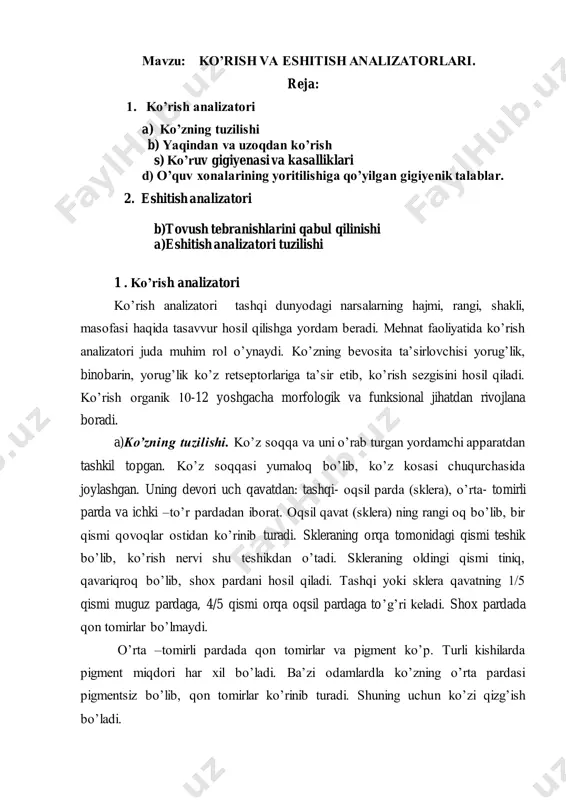 chun ko’zi qizg’ish bo’ladi. 1-rasm. ko’ruv analizatorining markazlari. 1-to’r parda; 2-ko’ruv asabi; 3-bosh miya yarim sharlar po’stlog’ining ko’ruv mintaqasi; 4-to’r pardada obyektlarning teskari tasviri. 2-rasm. odam ko’zining tuzilishi. 1-ko’ruv asabi; 2-ko’ruv asabining so’rg’ichi; 3-ko’z olmasining tomirli pardasi; 4-sklera (fibroz qavatning orqa qismi) 5-to’r parda; 6-optik o’qi; 7-kiprikli o’simtalar; 8-kiprikli tana; 9-ko’z olmasining kamerasi (bo’limi) 10-ko’z olmasining oldingi kamerasi (bo’limi); 11-gavhar; 12-randor parda; 13-shox parda; 14-kon’yuktiva; 15-kiprikli tana mushaki; 16-sinoval boylami; 17-ko’rish o’qi; 18-shishasimon tana; 19-markaziy chuqurcha; 20-sariq dog’. tomirli parda oldingi – rangdor parda, o’rta – kipriksimon tana va orqa – xususiy tomirli qismga bo’linadi. rangdor pardalar ikki xil: radial va halqasimon shakldagi silliq muskullar joylashgan bo’lib, halqasimon muskullar qisqarganda esa qorachiq kengayadi. rangdor pardaning o’rtasi teshik bo’lib, u qorachiq deb ataladi. kipriksimon tana tomirli pardaning qalin tortgan o’rta qismini egallab turadi. kipriksimon tananing ichki qismida silliq muskul tolalardan iborat kipriksimon muskullar bo’ladi. kipriksimon muskullar, kipriksmion boylamlar yordamida gavharning pay …