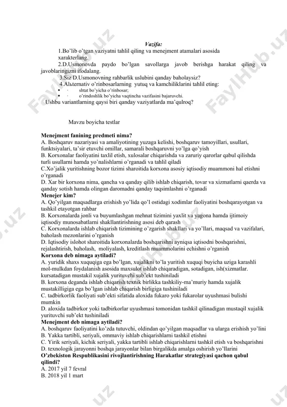 erdan oladi. shundoq ham o’zining ishlari yetib ortadi, umuman o’zi bunga rozi bo’larmikan? agar rozi bo’lganda ham uning ishlarini kim bajaradi? vaqtinchalik vazifasini bajaruvchi imzo qo’yish huquqiga egami? agar vaqtinchalik vazifasini bajaruvchi xatolikka yo’l qo’ysa, noto’g’ri qaror qabul qilsa u holda kim javob beradi. fayziev boshqa xodimlar bilan til topisharmikan? balki, rixsievdir, u har xolda jamoa bilan tez chiqishuvchan. bu fikridan usmonovning harorati ko’tarildi. agar rixsiev bo’lim boshlig’i vazifalarini a’lo darajada uddalasa nima bo’ladi. chunki u yaqindagi malaka oshirishda bo’lgan va murakkab kompьyuter dasturlari bilan ishlashni yaxshi biladi. balki, shifokor ko’rsatmalariga rioya qilmasdan, ishga chiqish kerakmikan? usmonov o’zini yomon his eta boshladi va hammasini keyinroq o’ylashga qaror qildi... vazifa: 1.bo’lib o’tgan vaziyatni tahlil qiling va menejment atamalari asosida xarakterlang. 2.d.usmonovda paydo bo’lgan savollarga javob berishga harakat qiling va javoblaringizni ifodalang. 3.siz d.usmonovning rahbarlik uslubini qanday baholaysiz? 4.alьternativ o’rinbosarlarning yutuq va kamchiliklarini tahlil eting: · · shtat bo’yicha o’rinbosar; · · …