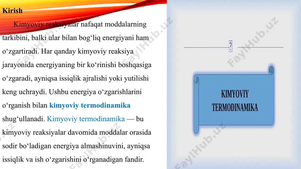ni ko‘rsatadi. agar gibbs erkin energiyasi manfiy bo‘lsa (δg 0) tashqi energiya kiritilishi kerak bo‘ladi. δg=δh−tδs bu yerda δg — gibbs erkin energiyasi, δh — entalpiya o‘zgarishi, t — harorat (kelvin), δs — entropiya o‘zgarishi. kimyoviy reaksiyalar . kimyoviy reaksiyalarning kimyoviy termodinamikasi reaksiya davomida energiya qanday o‘zgarishini, issiqlik ajralishini yoki yutilishini aniqlashga yordam beradi. reaksiyalar ekzotermik (issiqlik ajratadigan) yoki endotermik (issiqlik yutadigan) bo‘lishi mumkin. reaksiyaning energiya balansi va o‘z-o‘zidan sodir bo‘lishi, termodinamik qonunlar asosida tahlil qilinadi. kimyoviy termodinamik qonunlar. birlamchi qonun (energiya saqlanishi) energiya yo‘qolmaydi, faqat bir shakldan boshqasiga o‘tadi. umumiy energiya doimiy bo‘ladi. ikkinchi qonun (entropiyaning ortishi) tabiiy jarayonlarda entropiya – tartibsizlik darajasi – ortadi. uchinchi qonun (entropiyaning nolga tenglashishi) 0 k haroratda entropiya nol bo‘ladi, tizim to‘liq tartibli holatga keladi. noldan erkin energiya qonuni (δg) agar δg 0 bo‘lsa – tashqi energiya talab qilinadi. issiqlik effekti va entalpiya o‘rtasidagi bog‘liqlik kimyoviy reaksiyalarda issiqlik effekti va entalpiya o‘zgarishi o‘rtasida …
