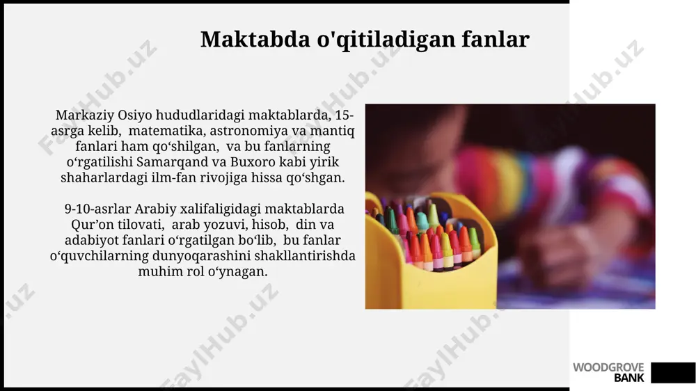 ar, matematika va astronomiya fanlarining rivojlanishiga katta hissa qo'shdi, bu fanlar 30 dan ortiq o'quvchilar tomonidan o'rganilgan murakkab hisob-kitoblarni o'z ichiga olgan. o'rta asrlardagi maktablar, taxminan 7-8 asrlarda, o'quv dasturiga arab tili, hisob-kitob, adabiyot va diniy fanlarni, shu jumladan, fiqh va hadisni, qo'shib, 200 dan ortiq talabani o'z ichiga olgan. woodgrove bank maktabda tarbiya ishlari самарқанддаги мактабларда тарбия ишларига алоҳида эътибор берилиб, талабаларнинг 50% и диний маърифат билан бирга, 30% и ахлоқий тарбия, ва 20% и амалий касб-ҳунарларга ўргатилган. xiv асрдаги мактабларда тарбиявий ишларнинг самарадорлигини ошириш учун 20 дан ортиқ турли усуллар, жумладан, ҳикоялар, шеърлар ва қўшиқлар орқали таълим бериш услублари қўлланилган. woodgrove bank zamonaviy maktabning xususiyatlari uzbekistonning zamonaviy maktablari, 30% dan ortiq o'quvchilariga onlayn resurslar va interfaol o'quv dasturlariga kirish imkoniyatini taqdim etib, raqamli texnologiyalarni faol qo'llaydi. zamonaviy maktabda 21-asr ko'nikmalariga, jumladan, tanqidiy fikrlash, muammo yechish va hamkorlikka, global miqyosda 50 dan ortiq mamlakatning ta’lim tizimlari bilan integratsiya qilingan …