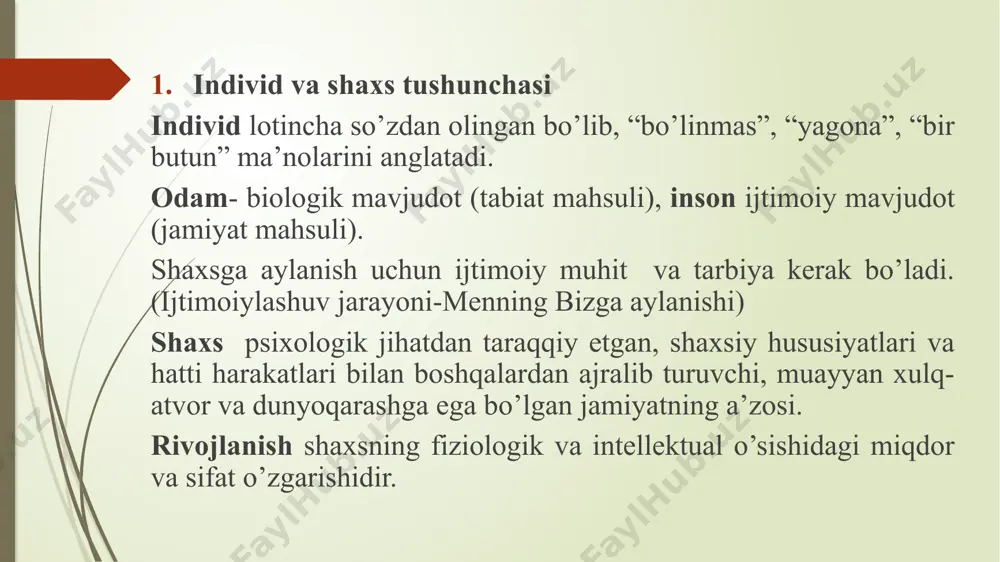 qobiliyati ijtimoiy hodisadir. yahlit yondashuv- shaxs rivojiga nafaqat uning o’ziga xosligi, balki turmush tarsi ham, qiziqishi, maqsadi, motivlar ham rivojlanishiga ta’sir ko’rsatadi 4.shaxs rivojlanishining yosh va psixologik xususiyatlari muayyan bir yosh davriga xos bo’lgan anatomik, fiziologik (jismoniy) va psixologik xususiyatlar yosh xususiyatlari deb ataladi. bolalarni tarbiyasiga to’g’ri yondashish uchun turli yosh davrlarinining o’ziga xos xususiyatlarini bilish kerak. bolaning faolligi yoki sustligi, hovliqma yoki vazminligi, sergap yoki kamgapligi, palapartishligi yoki tartibliligi nerv faoliyatiga bog’liq. gender- o’g’il va qiz bolalarning hatti-harakati, emotsional xususiyatlari, o’quv faoliyatidagi teng va farqli jihatlari. go’daklik davri 0-1 yosh bog’chagacha yosh davri 1-3 yosh maktabgacha yosh davri 3-7 yosh kichik maktab yoshi davri 7 yoshdan 11-12 yoshgacha o’rta va katta maktab yoshi davri- 12-17 yosh e’tiboringiz uchun rahmat! /docprops/thumbnail.jpeg