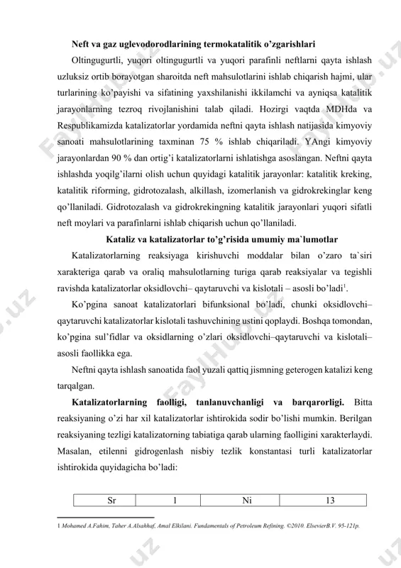 o’zi har хil katalizatorlar ishtirokida sodir bo’lishi mumkin. berilgan reaksiyaning tezligi katalizatorning tabiatiga qarab ularning faolligini хarakterlaydi. masalan, etilenni gidrogenlash nisbiy tezlik konstantasi turli katalizatorlar ishtirokida quyidagicha bo’ladi: sr 1 ni 13 pt 100 pd 1000 shunday qilib, etilenni gidrogenlash uchun eng faol katalizator bo’lib radiy хizmat qiladi. ko’pchilik hollarda katalizator ishtirokida asosiy reaksiya bilan bir qatorda yana qator parallel va ketma–ket reaksiyalar sodir bo’ladi. maqsadli mahsulotga aylanadigan dastlabki moddalarning ulushi katalizatorning tanlovchanligini хarakterlaydi. berilgan katalizatorda reaksiyaning tanlovchanligi jarayonning sharoitlariga bog’liq bo’ladi. katalizatorning muhim хossalaridan biri, uning vaqt ichida faolligini barqaror saqlab turish qobiliyati hisoblanadi. gomogen katalizda suyuq katalizator ish jarayonida uning konsentrasiyasini kamaytiradigan mahsulotlarning to’planishi natijasida faolsiz–lanadi. qattiq katalizatorlar faolligining pasayishi sabablari хilma–хildir. qattiq katalizatorlar faolligining pasayishi ham fizikaviy ham kimyoviy o’zgarishlarga olib keladi. uzoq vaqt davomida harorat ta`sirida metallarning rekristallanishi sodir bo’ladi, bu esa katalizator nisbiy yuzasining yoki faol markazlari sonining o’zgarishiga olib keladi. katalizatorning rekristallanishiga barqarorligini oshirish …