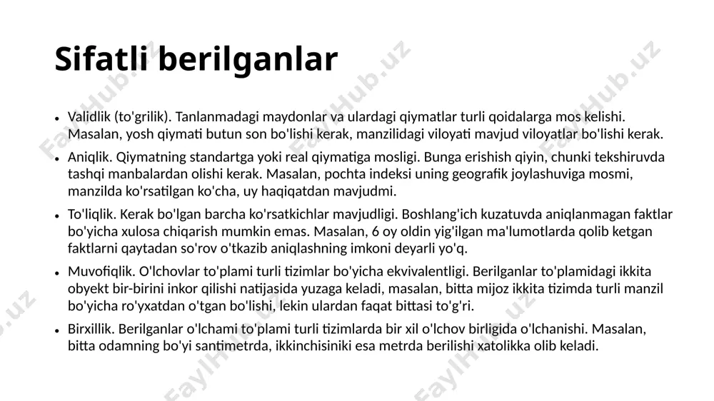 vtomatlashtirilgan. berilganlarni saqlovchi tizimlarga biriktirilgan maxsus xizmatlar orqali, masalan, sql server data tools, ibm spss va h.k. skriptlar yordamida. biror dasturlash tizilda yozilgan maxsus kodlar orqali. qo'lda. analitik barcha berilganlarni o'zi tekshirib chiqadi, ekspert yordamida biror jarayonni amalga oshiradi. odatiy usullar: xato mavjud yozuvlarni o'chiris. berilganlarni statistik usullar orqali to'g'irlash yozuvlarni solishtirish va mos qiymatni tanlash xatolarni to'g'irlovchi lug'atdan foydalanish instance selection yozuvlar asosida o'rgatish – instance-based learning, memory-based learning mashinali o'qitishda yozuvlar asosida o'rgatishni amalga oshiruvchi algoritmlar oilasi mavjud. bunda umumlashtirishni amalga oshirishning o'rniga yangi yozuvlarni mavjud yozuvlar o'qitishda ko'rilgan, xotirada saqlangan obyektlar bilan taqqoslash amalga oshiriladi. bunday algoritmlar "yalqov" algoritmlar deyiladi. namunalar: k-yaqin qo'shni algoritmlari; yadro mashina algoritmlari; rbf to'rlar. bu algoritmlarning asosiy muammosi uning murakkabligi – o(n). murakkablikni pasaytirish uchun yozuvlarni qisqartirish algoritmlari mavjud. normalization minimaks normallashtirish z-score, o'rtacha qiymatni 0 ga yaqinlashtirish o'nli normallashtirish, 10j ga bo'lish orqali normallashtiradi, namuna: -10, 201, 301, -401, 501, 601, …