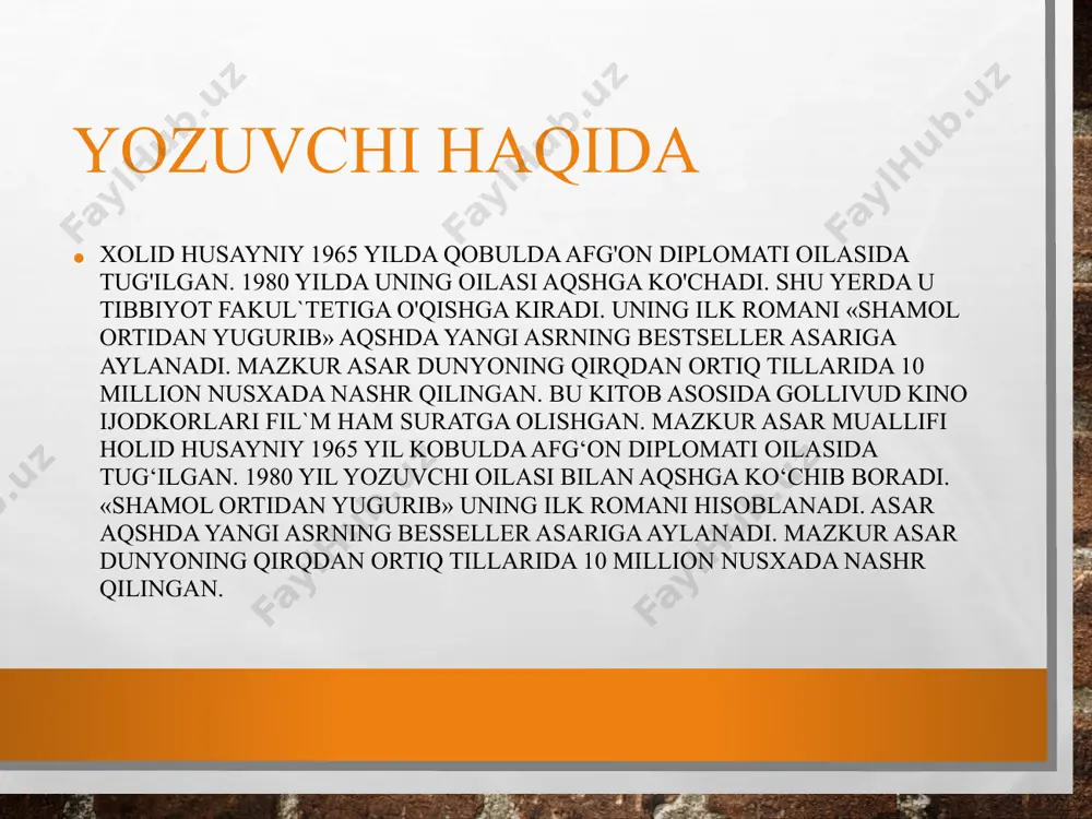 jim turgan hamisha mag’rur tog’lar ham , insonning achchiq qismatiga bardosh berolmay, ular ham tilga kiradi. lingvistik tahlil 1. frazeologizm musofirlikda oltin topish oson, jon taslim qilish qiyin ikkimizdan birimizning hayotimizga nuqta qo’yiladi o’sha kuni saburga ikki bor ko’zi tushdi dunyoga keldi mitti farishta men senda o’zimni ko’ra olmayman 2. kasb-hunarga oid so’zlar zobit oshpaz bog’bon xizmatkor zodagon tashrifchi shifokor talaba, 3. joy nomlari kobul, sherdavaza tog’i, shodbog’, fransiya, hindiston, afg’oniston, pokiston, abe kabobxonasi, aqsh, asardagi milliy kolorit avg’onlarning turmush tarzi mayda detallargacha ochib tasvirlangan. tashvishsiz, beg’am va xotirjam yashay olmasliklari, bolalrning ham qurol ushlashga majbur bo’lganliklari nihoyatda ta’sirli. asardagi tugun avg’on xalqining nega bunchalar urush va ziddiyatlar qurshovida qolganligi, nega ularning boshiga bunchalar ko’p kulfatlar tushganligi haqidagi mulohazalar asar davomida o’z yechimi topa boradi. konflikt turi inson-inson, inson-jamiyat asar kulminatsiyasi: voqealar chigallashib borgan sari xayolingizda faqat bir savol aylanadi: sotib yuborilgan singil akasi bilan diydorlasharmikan? muallifning javobi quyidagicha: “tog‘lar …