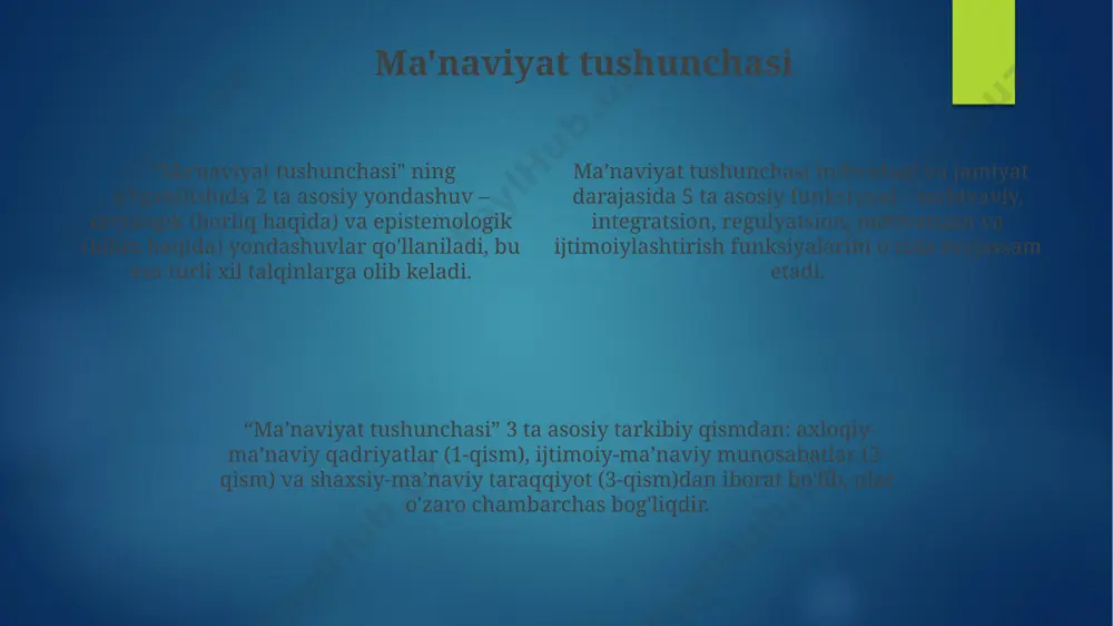 ilan bevosita bog'liq bo'lib, 20 dan ortiq ijtimoiy rollarni muvaffaqiyatli bajarish ko'rsatkichi sifatida qaralishi mumkin. ma'naviyat va fan ma'naviyat insonning ichki dunyosi, 7 ta asosiy insoniy qadriyatlar (insonparvarlik, adolat, halollik va boshqalar)ga asoslangan bo'lib, fan esa empirik kuzatishlar va 3 bosqichli tadqiqot usullariga asoslangan ob'ektiv bilimlarni o'rganadi. ma'naviyatning shaxsning o'z-o'zini anglashi va 5 ta sezgilar orqali olamni idrok etishdagi roli, fanning esa ob'ektiv haqiqatni aniqlashga qaratilganligi ularning o'zaro munosabatini murakkablashtiradi. ma'naviyat va fanning bir-biriga qarama-qarshi ko'rinishiga qaramay, ikkalasi ham insoniyat taraqqiyotida muhim rol o'ynaydi, 21-asrda esa ularning integratsiyasi yangi bilim va texnologiyalarni rivojlantirishga turtki bo'ladi. ma'naviyat va jamiyat so'nggi 10 yilda o'zbekistonda ma'naviyatni yuksaltirishga qaratilgan 50 dan ortiq davlat dasturi amalga oshirilgan bo'lib, ularning samaradorligi ijtimoiy tadqiqotlar orqali o'rganilmoqda va 70% atrofida ijobiy natijalar kuzatilmoqda. ma'naviyatning pasayishi ijtimoiy muammolar sonining 15-25% ga oshishiga, jinoyatchilik darajasining ko'tarilishiga va oilaviy qadriyatlarning zaiflashishiga olib kelishi mumkin, bu esa jamiyatning barqaror rivojlanishiga salbiy ta'sir …