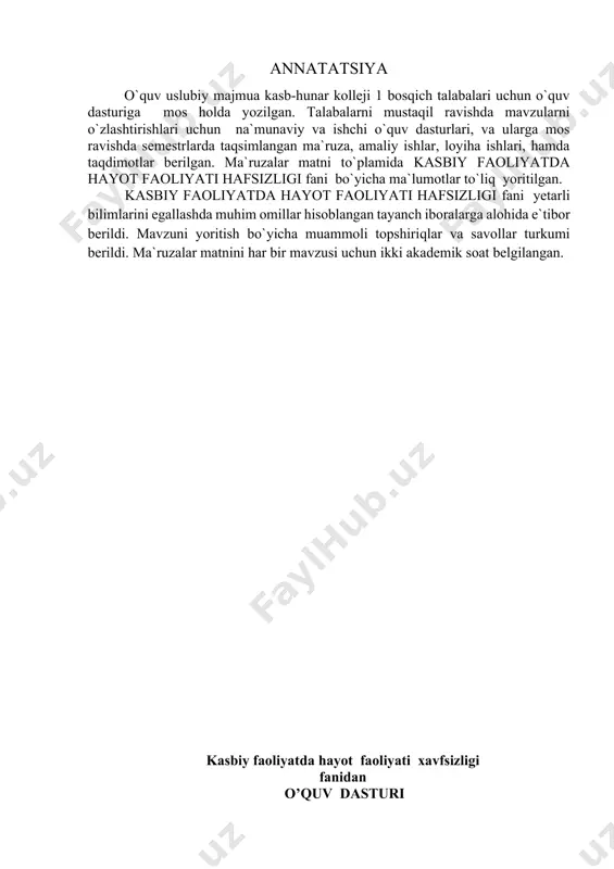 di; · mttda bolalarga zilzila va ularda harakatlanish tartibi haqida ma’lumot berishni, zilzila oqibatlaridan muhofazalanish usullarini, tarbiyachining bolaga zilzilada birinchi tibbiy yordam berish tartibini biladi; · gidrometeorologik xavfli hodisalar bilan bog’liq favqulodda vaziyatlar hamda ularda xavfsizlik qoidalariga rioya etishni; · mttda abolalarni yo`l harakati havfsizligi qoidalari bilan tanishtishni, bolalarn iyo`l belgilari bilan tanishtirishni; · sayohat va turizm vaqtida bolalar hayotini muhofaza qilishni; · tarbiyachining elektr jihozlaridan to`g`ri foydalanish qoidalarini, elektr shikastlanganda birinchi tibbiy yordam berish tartibini bilish; · mttda favqulodda vaziyatlar yuzaga kelganda birinchi tibbiy yordam va o’z-o’ziga yordam ko’rsatishni; · ekologik muhit buzilishining inson hayotiy faoliyatiga zararli tasiri va uning natijasida yuzaga kelayotgan muammoli vaziyatlarni bilib oladi. bilimlar · hayot faoliyati xavfsizligi borasidagi o’zlarining vazifalari, huquq va majburiyatlari; · favqulodda vaziyatlarning oldini olish va oqibatlarini bartaraf etish borasidagi huquqiy-meyoriy hujjatlar mohiyati; · turli tusdagi xavf-xatarlarni keltirib chiqaruvchi manbaalar turlari; · favqulodda vaziyatlarning turlari, sabablari, belgilari va zararli oqibatlari; · …