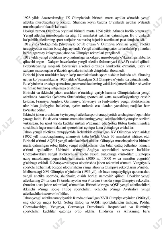 iatsiyasi tuzilib, u britaniya imperiyasida yengil atletika bo‘yicha oliy organ huquqini oldi. u angliya, uning dominionlari va koloniyalaridagi barcha burjua yengil atletika klublarini birlashtirdi. assotsiatsiya yengil atletika sportiga umumiy rahbarlik qiladi, angliyalik sportchilarni xalqaro musobaqalarda ishtirok etishga tayyorladi. fransiyada yengil atletika sport turi sifatida o‘tgan asrning 70-yillarida avvalo harbiy va fuqarolar litseylarida rivojlana boshladi. 80-yildan boshlab litseylarda yugurish bo‘yicha musobaqalar muntazam o‘tkazila boshlandi. aqshda yengil atletikaning ravojlanishi 1868 yilga to‘g‘ri keladi. shu yili nyu-yorkda atletika klubi tashkil etildi. tez orada universitetlar yengil atletikaning taraqqiyot markazi bo‘lib qoldi. 1874 yilda garvard universitetida yengil atletika bo‘yicha birinchi musobaqa o‘tkazildi. 80-yillar oxirida aqshda amerika havaskorlar yengil atletika ittifoqi vujudga keldi. germaniyada 1888 yilda berlindagi kriket va futbol klublari birinchi yengil atletika musobaqalarini tashkil qilgan edi. mustaqil yengil atletika klublari esa 90-yillarda paydo bo‘ldi. 1898 yilda germaniya yengil atletika boshqarmasi tuzildi. skandinaviya mamlakatlarida yengil atletika mustaqil sport turi sifatida 1887 yilda shvetsiyada, 1897 yilda …