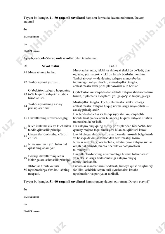 olar jamiyat boshqaruvida ishtirok etadi. 33 siyosiy huquqlar. saylov, saylanish, siyosiy partiyalar tuzish, miting va namoyishlar o‘tkazish, davlat boshqaruvida ishtirok etish huquqlari. 34 konstitutsiyada belgilangan siyosiy huquq va erkinliklar. konstitutsiya fuqarolarga siyosiy partiyalarga a’zo bo‘lish, saylovlarda qatnashish, miting va namoyishlarda ishtirok etish huquqlarini kafolatlaydi. 35 davlat va jamiyat ishlarini boshqarishda fuqarolarning ishtirok etishi. fuqarolar saylovlar, referendumlar, ommaviy muhokamalar orqali davlat boshqaruvida ishtirok etishlari mumkin. 36 fuqarolar o‘z ijtimoiy faolliklarini amalga oshirish shakllari. ijtimoiy faollik jamiyatda jamoat tashkilotlariga a’zolik, volontyorlik, ommaviy tadbirlarda qatnashish orqali namoyon bo‘ladi. 37 miting, namoyish va yig‘ilishlar o‘tkazilishining to‘xtatilishi yoki taqiqlanishi. bu faqat qonun asosida, jamoat xavfsizligi, sog‘liqni saqlash yoki boshqa fuqarolarning huquqlarini himoya qilish maqsadida amalga oshiriladi. 38 o‘zbekistonda jamoat birlashmalarining tashkil qilinish maqsadi. fuqarolar ijtimoiy, iqtisodiy, madaniy va boshqa manfaatlarini ifodalash va himoya qilish uchun jamoat birlashmalarini tuzish huquqiga ega. 39 jamoat birlashmalarining turlari. siyosiy partiyalar, kasaba uyushmalari, nodavlat notijorat tashkilotlar, yoshlar va ayollar tashkilotlari. …