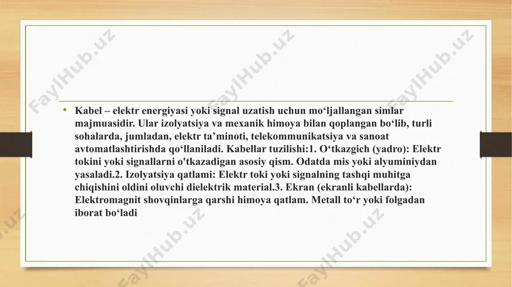 lari odatda 1 kv dan 35 kv gacha bo'lgan kuchlanishli tarmoqlarda qo'llaniladi. afzalliklari:havfsizlik: ochiq simlarning yo'qligi tufayli shikastlanish xavfi kamayadi.korroziyaga chidamlilik: izolyatsiya qoplamasi oksidlanishdan himoya qiladi.qisqa tutashuv xavfining kamayishi: simlarning bir-biriga tegib ketish ehtimoli yo'q.texnik xizmat ko'rsatish osonligi: montaj va ta'mirlash jarayoni oddiy. xulosa: men tayyorlagan mustaqil ishimdan xulosam shuki kabel tanlashni ham o‘zini parametrlari hamda gost standarti bopyicha tanlash elektr energiyani isrofini oldini olinishi qo‘llanishi soxasiga qarab kabel markasini tanlashni ko‘rib chiqdim . oʻzbekiston va xalqaro standartlarga mos gost va iec (international electrotechnical commission) standartlariga e'tibor beriladi. gostlar asosida kabellar tanlanadi: foydalanilgan adabiyotlar 1. clayton r.paul. fundamentals of elecrtic circuit analysis. john wiley & sons. inc., new york, 2001. – 519 pages. 2. mahmood nahvi, joseph edminister. electric circuits. schaum’s outlines series. mcgraw – hill, usa, 2003 – 461 pages. 3. касаткин а.с. электротехника асослари. – т.:, 1989.- 256 б. 4. каримов а.с. электротехника ва электроника асослари. - т.: …