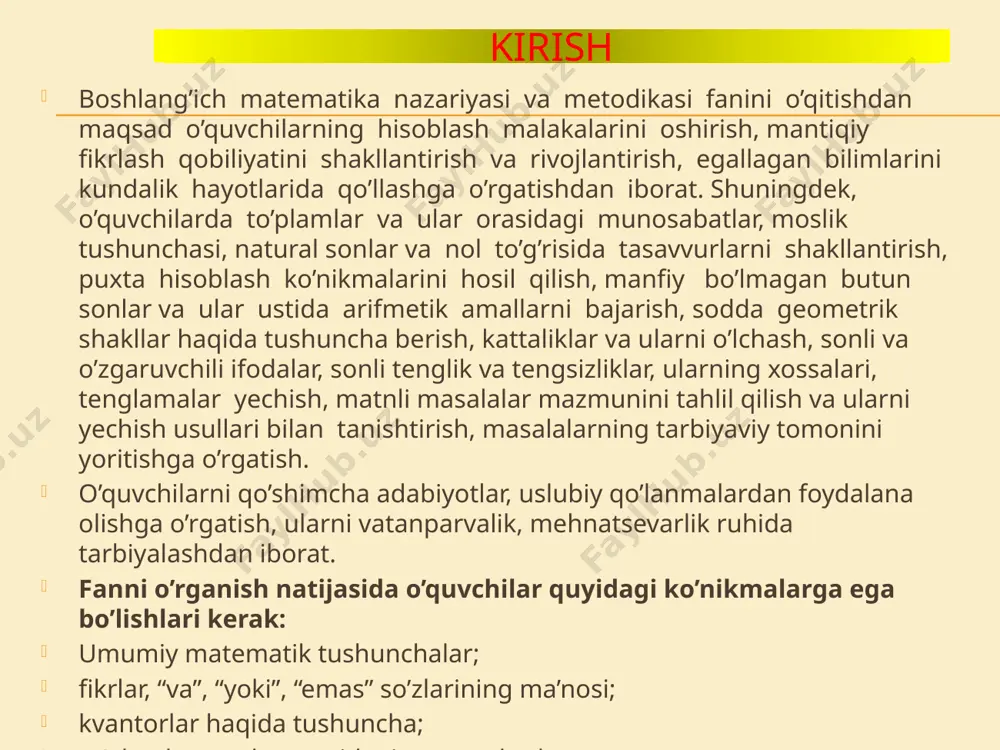 o’lib, «yul» degan ma’noni beradi. matematika metodiksi pedagogika va didaktika fanining asosiy bo’limlaridan biri bo’lib, jamiyatimiz tarakkiyoti darajasida ta’lim maksadlariga mos keluvchi matematikani o’qitish, o’rganish konunlarini o’rganuvchi mustaqil fandir. matematika boshlang’ich sinflarda o’qitiladigan asosiy bir fandir. matematika o’qitish maktabgacha tarbiya muassasasidan boshlanib oliy o’quv yurtida tugaydi. matematika o’qitish metodikasi o’qitishning anik psixologik konstitutsiyasi va umumpedagogik nazariyasi bazasidan rivojlanadi, xamda boshlang’ich matematika o’qitishda psixologik-pedagogik nazariyadan foydalanish texnologiyasi tavsiya qiladi. bundan tashkari matematika o’qitish metodikasida matematika fanining o’qitish usullari, xususiyatini namoyon bo’ladi. matematika o’qitish metodikasi predmetini ochish uchun «matematika o’qititsh mazmunini, matematika o’qitish jarayonidagi asosiy komponentlarni» aniklashtirish zarur kerak. boshlang’ich siflarda o’qitish, xususan matematika o’qitish, o’qituvchining xar xil kurgazmali kurollardan foydalanib, o’quvchilarning fikrlash kobiliyatlarini boshkaruvchi-murakkab jarayondir. o’quvchilarning fikrlash kobiliyatlarini bilimlarini xisobga olinib bu xamma ma’lumotlar kayta ishlanib uuvchilarga yetkaziladi o’quvchi o’qituvchidan, darslikdan, boshka manbalardan, ma’lumotlarni qabo’l qiladi va olgan bilimlarini o’qituvchiga beradi. boshlang’ich sinflarda matematika o’qitish metodikasi predmeti boshlang’ich sinflarda matematika o’qitish …
