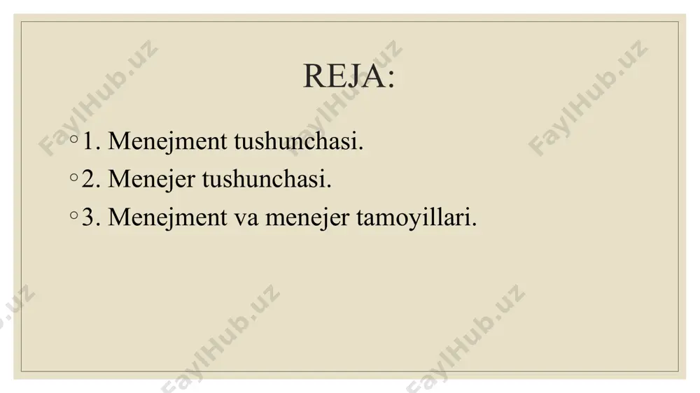 iylik tamoyili ( san’at elementlari bilan uyg’unlashgan.) 2. yetakchilik tamoyili ( boshqaruvda markazlashtirish va nomarkazlashtirish amallari.) 3. yakkaboshchilik tamoyili ( masalalarni mustaqil hal etish huquqi.) 4. aloqa tamoyili ( ko’p pog’onali boshqaruv tuzilmasini yaratish.) 5. rejalilik tamoyili ( tashkilot rivojlanishining asosiy yo’nalish.) 6. demokratsiyalash ( tashkilotni boshqarish va qarorlarni tartiblash.) 3. menejer tamoyillari. menejerlarda asosan 4 ta tamoyil bilan ish yuritiladi. 1.maqsadni to’g’ri qo’ya olish ( maqsadni to’g’ri shakllantirmasa barcha harakatlari bekor bo’ladi.) 2.tashkil etish ( funksiyalarni to’g’ri taqsimlash va xodimlar uchun imkoniyat yaratish.) 3.rag’batlantirish ( o’z xodimlarini maksimal darajada qiziqtirish, rag’batlantirish.) 4.kommunikatsiya ( odamlar bilan muloqatda, axborot almashuvi bo’lish kerak.) etiboringiz uchun rahmat. image2.jpg image3.jpeg image4.jpeg