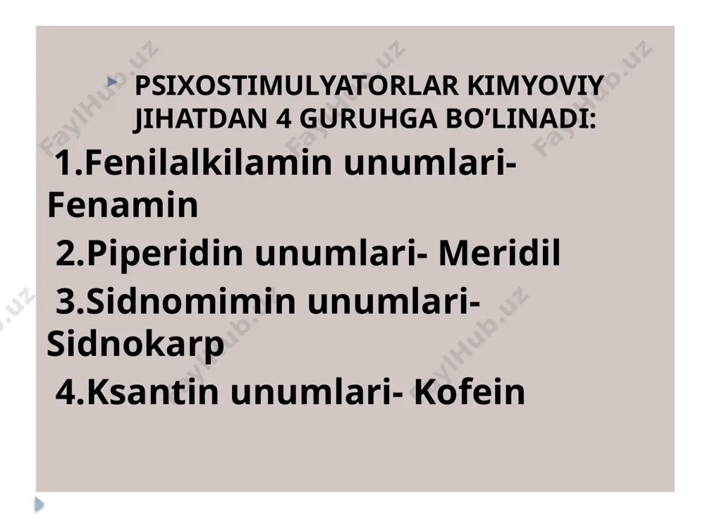 arda ishlab chiqariladi. qo’llanilishi: mns zaxarlanishlari, bmqon tomirlari spazmida, migren, uyquchanlikda, jismoniy va ruxiy ish qobiliyatini oshirish uchun. qo’llanilishi mumkin bo’lmagan holatlar ham mavjud: qarilik, uyqusizlik, gipertoniya, uqtk, ateroskleroz rp. : sol. coffeini natrio - benzoatis 10% - 2ml d.t.d.n. 10 in ampullis s.2 ml dan t/i yuborilsin. nootrop ta’sir ko’rsatuvchi moddalar. ruhiy va aqliy faoliyatga ijobiy ta’sir ko’rsatadi, bosh miyada organik o’zgarishlar ro’y berganda xotirani, aqliy faoliyatni yaxshilaydi, miyani gipoksiyaga chidamini oshiradi. nootrop yunoncha so’zdan olingan bo’lib “noos”- fikr yuritish, “tropos”- intilish degan ma’noni anglatadi. nootroplar psixotrop moddalardan ancha farq qiladi, miyaning bioelektrik faolligiga, harakatlanish jarayonlariga ta’sir etmaydi, uxlatuvchi, og’riq qoldirish xususiyatiga ega emas va shunday moddalar bilan qo’llanganda ularning ta’sir kuchini ham oshirmaydi. vegetativ nerv sistemasiga hatto katta miqdorda ham ta’sir ko’rsatmaydi. nootropil-(piratsetam)-pyracetamum- 0,4 g kapsula n60, 0,2 sariq tabletka n 60/120, 20%-5ml ampulalar shaklida ishlab chiqariladi. qo’llanilishi: bosh miya qon aylanishini va modda almashinuvini, xotirani, diqqat, nutqni …