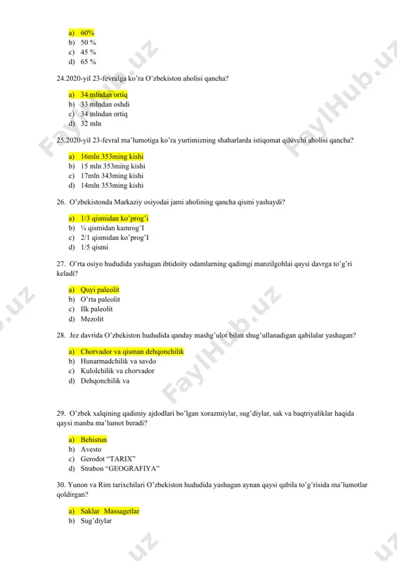 koeffitsiyentlari bo’yicha respublika viloyatlarining qishloq aholisini mos ravishda nechta guruhga ajratamiz? a) 2 guruhga b) 3 guruhga c) 5 guruhga d) 4 guruhga 45. o’zbekistonda tug’ilish jarayonining nisbiy darajasi boshqa davlatlarga nisbatan qanday? a) yuqori b) past c) o’rtacha d) bir xil 46. ikkinchi jahon urushi yillarida o’zbekiston-ning jami aholisi qanchaga kamaydi? a) 1.5 mlnga b) 1 mlnga c) 2 mlnga d) 0.5 mlnga 47. urushdan keyingi “demografik kompensatsiya” davrida shahar aholisi…? a) tez sur’atlarda ko’paydi b) o’zgarmadi c) biroz ko’paydi d) judayam ozayib ketdi 48. shahar aholisi ayniqsa qaysi yillarda ko’paygan? a) 1973-83 y.y b) 1970-80 y.y c) 1975-85 y.y d) 1971-81 y.y 49. 1970-yilda o’zbekistonda nechta shahar(lar) bo’lgan? a) 42ta b) 45ta c) 40ta d) 50ta 50. urushdan keyin o’lkada shaharlar sonining keskin ko’payishi qanday urbanizatsiya edi? a) soxta b) haqiqiy c) ulkan d) oddiy 51. janubiy tojikiston huudidagi quldora makoni kim tomonidan o’rgganilgan? a) v. ranov b) …