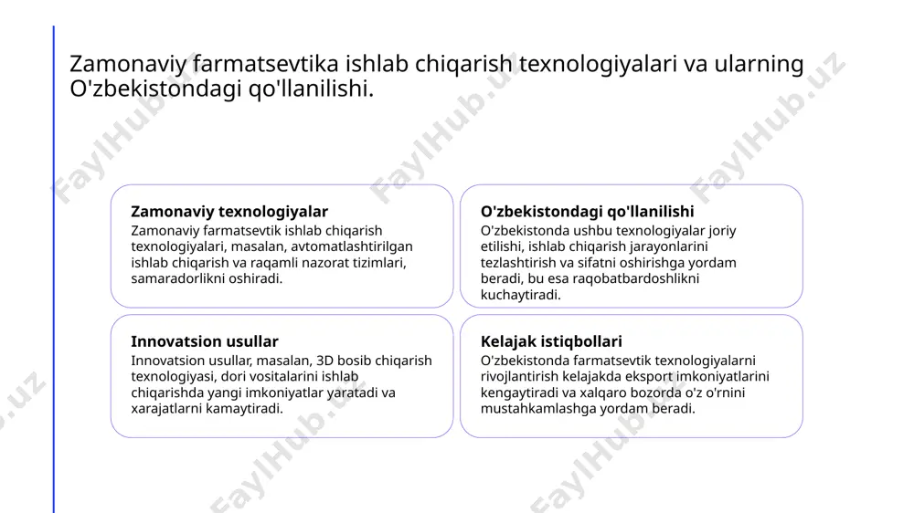 kistondagi innovatsiyalar o'zbekistonda farmatsevtik innovatsiyalar, yangi dorilar va texnologiyalar ishlab chiqarishni rivojlantirishga qaratilgan, aholi salomatligini yaxshilashga xizmat qiladi. 2 ijtimoiy ta'sir farmatsevtik innovatsiyalar ijtimoiy ta'sir ko'rsatadi, chunki yangi dorilar va terapiyalar orqali odamlar hayot sifatini oshiradi va kasalliklar bilan kurashish imkoniyatlarini kengaytiradi. 3 raqobatbardoshlik innovatsiyalar farmatsevtika sektorida raqobatbardosh muhitni yaratadi, bu esa iqtisodiy o'sishni ta'minlab, yangi ish o'rinlari va investitsiyalarni jalb qiladi. xulosa o'zbekistonda farmatsevtika rivoji klasterlar va innovatsiyalar ijtimoiy ta'sir va imkoniyatlar o'zbekistonda farmatsevtika ishlab chiqarishining tarixiy rivoji va muhim bosqichlari, sektorda innovatsiyalarni olib kelish uchun zaruriydir. farmatsevtik klasterlar o'zbekistonda innovatsiyalarni rivojlantirish va raqobatbardoshlikni oshirishda muhim rol o'ynaydi, iqtisodiy o'sishga hissa qo'shmoqda. o'zbekistondagi farmatsevtik innovatsiyalar ijtimoiy hayotga ijobiy ta'sir ko'rsatadi, aholi salomatligini yaxshilash imkoniyatlarini yaratadi. e'tiboringiz uchun rahmat! /docprops/thumbnail.jpeg