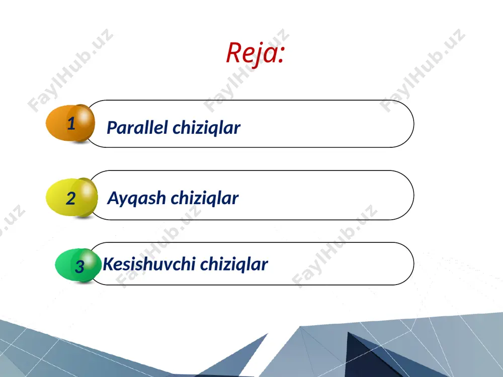 iqlar esa bir tekislikda yotmaydi. uchrashmas to'g'ri chiziqlarning bir nomli proyeksiyalari chizmada o'zaro kesishsa ham, ammo kesishish nuqtalari bir bog'lovchi chiziqqa tegishli bo'lmaydi. ayqash chiziqlar uchrashmas to’g’ri chiziqlar proyeksiyalarining kesishgan nuqtasi fazodagi bu to’g’ri chiziqlarning ikki nuqtasining proyeksiyalari bo’ladi. bunday nuqtalar konkurent nuqtalar deb ataladi. kesishuvchi to’g’ri chiziqlari. kesishuvchi to'g'ri chiziqlar proyeksiyalarining kesishish nuqtalari to'g'ri chiziqlar kesishish nuqtasining proyeksiyalari bo'ladi. kesishuvchi to'g'ri chiziqlarning bir nomli proyeksiyalari ham chizmada o'zaro kesishadi va kesishish nuqta proyeksiyalari bir proyeksion bog'lovchi chiziqda bo'ladi. fazoda umumiy vaziyatda kesishuvchi to'g'ri chiziqlar berilgan bo'lsa, bu to'g'ri chiziqlarning faqat ikkita bir nomli proyeksiyalarining kesishishi kifoya qiladi. agar kesishuvchi chiziqlarning biri proyeksiyalar tekisligining birortasiga parallel bo'lsa, u holda ularning ikkita bir nomli proyeksiyalarining o'zaro kesishuvi yetarli bo'lmaydi. masalan, ab va cd(38-rasm) to'g'ri chiziq kesmalarining biri w tekislikka parallel joylashgan. bu chiziqlarning o'zaro vaziyatini ularning profil proyeksiyalarini yasash bilan aniqlash mumkin. agar kesishish nuqtasining proyeksiyalari bir bog'lovchi chiziqda joylashsa, bu …