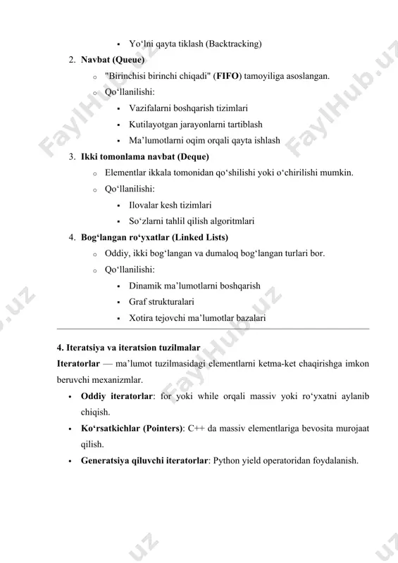 vchi mexanizmlar. · oddiy iteratorlar: for yoki while orqali massiv yoki ro‘yxatni aylanib chiqish. · ko‘rsatkichlar (pointers): c++ da massiv elementlariga bevosita murojaat qilish. · generatsiya qiluvchi iteratorlar: python yield operatoridan foydalanish. quyida python tilida har bir chiziqli ma'lumotlar tuzilmasi uchun misollari keltirilgan. 1. massiv (array) – list yordamida python'da massivlar list (ro‘yxat) sifatida ishlatiladi. python копироватьредактировать # massiv yaratish massiv = [10, 20, 30, 40, 50] # elementlarga murojaat print(massiv[0]) # 10 print(massiv[-1]) # 50 # yangi element qo'shish massiv.append(60) print(massiv) # [10, 20, 30, 40, 50, 60] # elementni olib tashlash massiv.remove(30) print(massiv) # [10, 20, 40, 50, 60] 2. bog‘langan ro‘yxat (linked list) # 1. har bir elementni saqlovchi class (node) class node: def __init__(self, data): self.data = data # hujayraning qiymati self.next = none # keyingi tugunni ko‘rsatish # 2. bog‘langan ro‘yxatni yaratish class linkedlist: def __init__(self): self.head = none # boshi yo‘q, boshlanishida bo‘sh ro‘yxat …