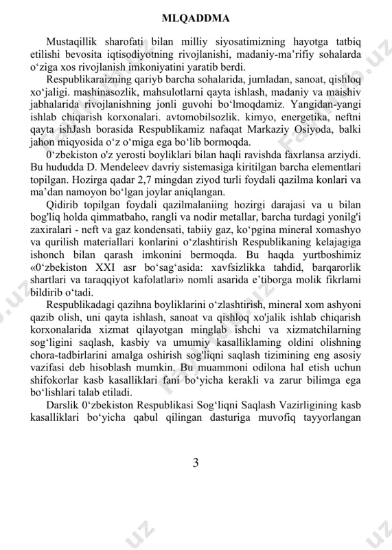 z «0‘zbekiston xxi asr bo‘sag‘asida: xavfsizlikka tahdid, barqarorlik shartlari va taraqqiyot kafolatlari» nomli asarida e’tiborga molik fikrlami bildirib o‘tadi. respublikadagi qazihna boyliklarini o‘zlashtirish, mineral xom ashyoni qazib olish, uni qayta ishlash, sanoat va qishloq xo'jalik ishlab chiqarish korxonalarida xizmat qilayotgan minglab ishchi va xizmatchilarning sog‘ligini saqlash, kasbiy va umumiy kasalliklaming oldini olishning chora-tadbirlarini amalga oshirish sog'liqni saqlash tizimining eng asosiy vazifasi deb hisoblash mumkin. bu muammoni odilona hal etish uchun shifokorlar kasb kasalliklari fani bo‘yicha kerakli va zarur bilimga ega bo‘lishlari talab etiladi. darslik 0‘zbekiston respublikasi sog‘liqni saqlash vazirligining kasb kasalliklari bo‘yicha qabul qilingan dasturiga muvofiq tayyorlangan bo‘lib, tibbiyot oliy o‘quv yurtlari bakalavr bosqichi, davolash, tibbiy- pedagogika va tibbiy-profilaktika fakultetlarining talabalari va umumiy araaliyot shifokorlari ish faoliyatida zarur o‘quv manba boia olish bilan aloliida ahamiyat kasb etadi. darslikning yangi nashri sogiiqni saqlash tizimini qayta tashkil qilish va tibbiy kadrlami tayyorlashni (umumiy amaliyot shifokori va oila shifokori) hisobga olgan holda tayyorlangan …