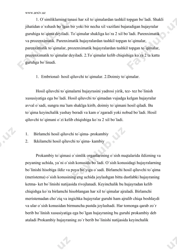 maxanik funksiyani bajaruvchi ikkita doimiy to`qima, birlamchi yog`ochlik, ya`ni ksilema va birlamchi lub, ya`ni floema hosil bo`ladi. prokambiy to`qimasi asosan bir pallali o`simliklarda uchraydi. birlamchi yog`ochlik va birlamchi lubni hosil qilgandan keyin bir pallali o`simliklarda o`zi yo`q bo`lib kyetadi. ikki pallali o`simliklarda esa yoshlik vaqtida bo`ladi. birlamchi yog`ochlikni va birlamchi lubni hosil qilib o`zi yo`qola boradi. yo`qolib borayotgan bir qism prokambiy hujayralarini qayta bo`linib ko`payishidan kambiy to`qimasi vujudga keladi. кambiy to`qimasi hosil qilishda davom yetadi va chetga tomon ikkilamchi lub, markazga tomon ikkilamchi yog`ochlik qatlanaveradi. natijada ikki pallali o`simliklarni o`q organlari o`sib, yo`g`onlashaveradi. yillik xalqalar kambiy to`qimasining faoliyati tufayli, vujudga keladi. alohida qoplovchi to`qima- po`kak hosil qiluvchi po`kak kambiy ham ikkilamchi hosil qiluvchi to`qimaga kiradi. hosil qiluvchi to`qimalar o`simliklar hayotida muhim rol o`ynaydi, chunki ularning ishtirokisiz o`simliklar o`smaydi va yangi organlar hosil qilmaydi. hosil qiluvchi to`qimalar o`simliklarda joylashgan o`rniga ko`ra 4 xil bo`ladi. 1). tepa- apikal meristema. 2). interkalyar meristema. …