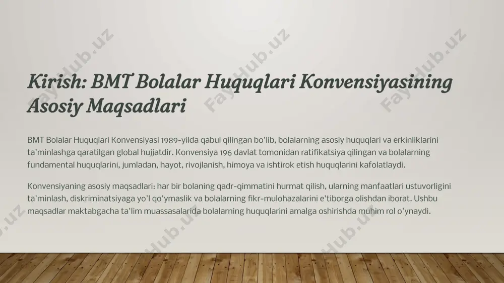 tabgacha ta'lim muassasalarida bolaning huquqlari maktabgacha ta'lim muassasalarida bolalarning huquqlari quyidagilar bilan ta'minlanadi: sifatli ta'lim olish huquqi: har bir bolaning zamonaviy metodlar asosida sifatli ta'lim olishi. xavfsiz va qulay muhit: bolalar uchun xavfsiz, qulay va sog'lom muhit yaratish. shaxsiy qadr-qimmatga hurmat: har bir bolaning shaxsiy qadr-qimmatini hurmat qilish va ularga munosib munosabatda bo'lish. individual rivojlanish imkoniyatlari: har bir bolaning individual ehtiyojlarini hisobga olgan holda, ularning rivojlanishi uchun imkoniyatlar yaratish. 4 bolalarning ijtimoiy huquqlari bolalarning ijtimoiy huquqlari ularning jamiyatda to'laqonli ishtirok etishini ta'minlaydi. bu huquqlar quyidagilarni o'z ichiga oladi: ijtimoiy himoya va qo'llab-quvvatlash: bolalarni ijtimoiy xavf-xatarlardan himoya qilish va ularga zarur yordam ko'rsatish. sog'lom o'sish va rivojlanish: bolalarning sog'lom o'sishi va rivojlanishi uchun tibbiy xizmatlar va sog'lom turmush tarzini ta'minlash. mehnatdan himoya qilinish: bolalarning ekspluatatsiya qilinishiga yo'l qo'ymaslik va ularni mehnatdan himoya qilish. ijtimoiy ta'minotga ega bo'lish: bolalarning ijtimoiy ta'minotga bo'lgan huquqlarini ta'minlash, jumladan, moddiy yordam va boshqa ijtimoiy xizmatlar. 5 …
