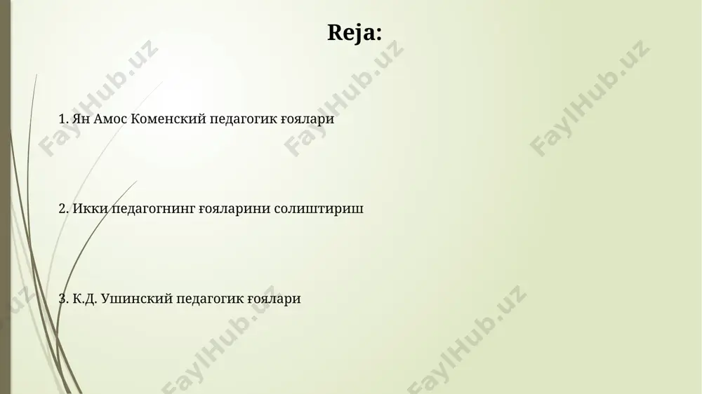 asosiy printsiplariga aylangan. komenskiy va ushinskiyning tabiat bilan yaqin aloqalarni ta'minlovchi ta'lim modellari ekologik tarbiyaning 15 dan ortiq kontseptsiyalarini shakllantirishga turtki bo'lgan. komenskiyning didaktika printsiplari komenskiy o'z didaktikasida ta'limda 4 bosqichli (sezgi, xotira, aql, nutq) metodini asosiy o'ringa qo'yib, bilishning tabiiy yo'liga asoslangan. komenskiyning didaktik printsiplarida ilmiy bilimlarning amaliy hayot bilan bog'liqligi, tabiatni o'rganish asosidagi tajribaviy yondashuv alohida urg'ulangan. xulosa va takliflar kamenskiy va ushinskiy pedagogik g'oyalarini tahlil qilish natijasida 2 ta asosiy yo'nalishda – o'quv jarayonini insonparvarlashtirish va milliy o'ziga xoslikni rivojlantirish bo'yicha 10 tadan ortiq amaliy tavsiyalar ishlab chiqildi. ushinskiy va kamenskiyning ta'limdagi asosiy printsip va usullarini tahlil qilish asosida, 7 ta innovatsion pedagogik texnologiyalarni rivojlantirish va ularni o'qitishning samaradorligini oshirish uchun 2025 yilgacha amalga oshirish taklif etiladi. komenskiy va ushinskiy pedagogikasidagi o'xshashliklar komenskiy va ushinskiyning pedagogikasida tabiiy ta'limga asoslangan yondashuvlarning o'xshashligi kuzatiladi, bunda 3-7 yoshli bolalarning tabiiy qobiliyatlarini rivojlantirishga alohida e'tibor berilgan. komenskiy va ushinskiyning didaktikasida sezgi …