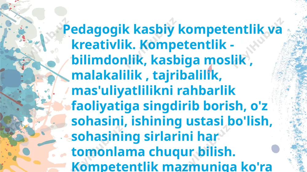 abatlar talab etilar ekan. uning bilimdonligi darajasi masalasi ham o`ta muhim. bular quyidagilar: - ijtimoiy bilimdonlik dars mobaynida sinf bilan samarali o`zaro muomalahilarga namoyish eta olishi lozim. 11 1, pedagog jamiyatning fuqarosi sifatida o`z mavqei va faol o`rnini o`quvcikkinchidan, pedagogning e`tiqodi va bilimdonligi uning yangi bilimlar, o`zi tanlagan sohasidagi yangiliklarga nisbatan qiziqishida namoyon bo`ladi. 2, e`tiqodli va bilimdon pedagog o`ziga xos fikrlash tarzi bilan ajralib tura olishi shart. chunki, yoshlar shunday noyob, qaytarilmas, andozasiz fikrlash sharoitidagina mustaqil fikrlashga o`rganadilar va fanni boshqa fanlardan ajrata oladilar. bugungi pedagogdan yangicha fikrlash, yangicha munosabatlar talab etilar ekan. uning bilimdonligi darajasi masalasi ham o`ta muhim. bular quyidagilar: - ijtimoiy bilimdonlik dars mobaynida sinf bilan samarali o`zaro muomalahilarga namoyish eta olishi lozim. 12 uslubiy bilimdonlik- barcha bilimlarini, ko`rgan-kechirganlarni yoshlarga tushunarli, ravon tilda yetkaza olishi, ta`lim texnologiyasi va metodlaridan boxabarlik qobiliyati. kasbiy bilimdonlik o`z fanini va predmeti sohasi bo`yicha chuqur va har tomonlama mukammal bilimlariga ega …