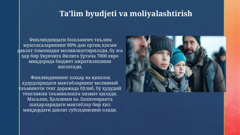 onida interfaol taxtalardan va oʻquv dasturlarini qoʻllab-quvvatlovchi 5000 dan ortiq planshetlardan foydalanadilar. kelajakdagi istiqbollar va islohotlar фин мактабларида ўқувчиларнинг 90% дан ортиқ қисми 10 ёшгача ўқиш ва ёзишни эгаллаб, халқаро таълим рейтингида юқори ўринларни эгаллашга ҳисса қўшади, бунинг натижасида олу шаҳридаги мактабларнинг нуфузи ошиб бормоқда. финляндиянинг бошланғич таълим тизимида ўқитувчиларга ўртача 5 йилда бир марта малака ошириш курсларидан ўтиш талаб этилади, бу эса 2023 йилдаги маълумотларга кўра, лаппеенранта педагогика университети каби муассасаларда катта юклама яратади. baholash va taʼlim natijalari pisa tadqiqotlariga koʻra, finlyandiya oʻquvchilari oʻqish savodxonligi, matematika va tabiiy fanlar boʻyicha dunyodagi eng yuqori koʻrsatkichlardan birini namoyon etadi, bu ularning taʼlim tizimining samaradorligini koʻrsatadi. finlyandiya boshlangʻich taʼlimida oʻquvchilarning 90% dan ortigʻi matematika va ona tili fanlaridan milliy standartlarga muvofiq natijalarga erishadi, bu esa helsinki kabi yirik shaharlarda ham, laplandiya kabi qishloq hududlarida ham kuzatiladi. inklyuziv taʼlim va qoʻllab-quvvatlash xizmatlari finlyandiya maktablarida 2016 yildan buyon qoʻllaniladigan inklyuziv taʼlim modeli, 90% dan …