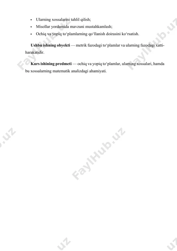 o‘plam limit nuqtalarni ham o‘z ichiga oladi. topologik yondashuvda ochiq va yopiq to‘plamlar topologiyada ochiq to‘plamlar bazaviy tushuncha hisoblanadi: aynan ular asosida fazoning topologik tuzilmasi aniqlanadi. bu degani, topologik fazodagi barcha boshqa tuzilmalar (uzluksizlik, yopiq to‘plam, kompaktlik) ochiq to‘plamlar orqali aniqlanadi. bu holatda: · ochiq to‘plamlar ixtiyoriy birlashma va cheklangan kesishmalar ostida yopiq bo‘ladi. · yopiq to‘plamlar ixtiyoriy kesishma va cheklangan birlashma ostida yopiq bo‘ladi. yopiq to`plam va hosila to`plamlarning xossalari. 1 – teorema. har qanday to`plamning hosila to`plami yopiq to`plamdir, ya`ni . isbot. agar to`plamning limit nuqtalari bo`lmasa, teoremani isbotlab o`tirishning hojati yo`q. endi uchun biror limit nuqta bo`lsin; bu nuqtaning ga kirishini ko`rsatamiz. buning uchun nuqtani o`z ichiga olgan ixtiyoriy oraliqni olamiz. bu oraliqda ning hech bo`lmaganda dan farqli bitta elementi mavjud, chunki nuqta uchun limit nuqta .bu nuqta to`plam uchun limit nuqta bo`ladi , chunki . shuning uchun oraliqda to`plamning cheksiz ko`p elementlari bo`ladi .demak ,nuqtaning ixtiyoriy …