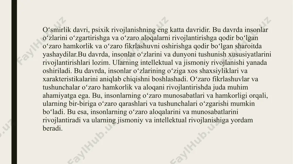 y va madaniy rivojlanishida ham muhim ahamiyatga ega boʻladi. bu esa, jamiyatning oʻzini yanada rivojlantirishiga yordam beradi. barcha bu rivojlanishlar, insonlarning hayotini yanada yaxshilashtirish uchun muhimdir. bu esa, ularning hayotda muhim ahamiyatga ega boʻlgan vazifalarni bajarishlari uchun ularga kuch beradi va ularning jamiyatdagi oʻrni va rolini oʻzgartirishda yordam beradi. shuningdek, bu rivojlanishlar, insonlarning dunyoni tushunishlarini kengaytiradi va ularga yangi imkoniyatlar yaratadi. bu esa, insonlarning hayotini yanada koʻproq boyitadi va ularning oʻzlarini yanada yaxshilashtiradi xulosa jamiyatning rivojlanishi insonlar uchun yangi imkoniyatlar yaratadi va ularning hayotini yanada yaxshilashtiradi. bu rivojlanishlar, jamiyatning iqtisodiy, siyosiy va madaniy rivojlanishida ham muhim ahamiyatga ega boʻladi. bu esa, jamiyatning oʻzini yanada rivojlantirishiga yordam beradi /docprops/thumbnail.jpeg