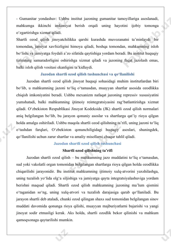 iyatga qayta integratsiyalashuviga yordam berishni maqsad qiladi. shartli ozod qilish mahkumning jazoning ma’lum qismini o‘taganidan so‘ng, uning xulq-atvori va tuzalish darajasiga qarab qo‘llaniladi. bu jarayon shartli deb ataladi, chunki ozod qilingan shaxs sud tomonidan belgilangan sinov muddati davomida qonunga rioya qilishi, muayyan majburiyatlarni bajarishi va yangi jinoyat sodir etmasligi kerak. aks holda, shartli ozodlik bekor qilinishi va mahkum qamoqxonaga qaytarilishi mumkin. shartli ozod qilish va jazoni to‘liq o‘tash o‘rtasidagi farq shartli ozod qilish bilan jazoni to‘liq o‘tash o‘rtasidagi asosiy farq jazo muddatining bajarilish usulida va maqsadlarida yotadi. jazoni to‘liq o‘tash mahkumning sud tomonidan belgilangan muddatni oxirigacha jazo muassasasida o‘tashini anglatadi. bu jarayon jazoning repressiv va tarbiyaviy funksiyalarini to‘liq amalga oshirishga qaratilgan bo‘lib, mahkumning ozodlikka chiqishi faqat jazo muddati tugagandan so‘ng amalga oshiriladi. shartli ozod qilish esa jazoning faqat ma’lum qismini o‘tashni talab qiladi va mahkumning ozodlikka chiqishi uning xulq-atvori, tuzalish darajasi va jamiyat uchun xavfli emasligiga bog‘liq. bu jarayon jazoning …