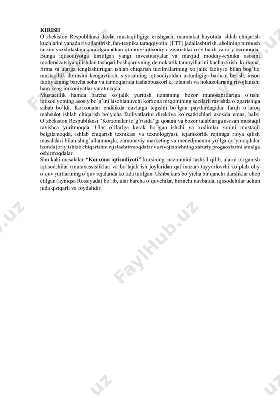 ash 1.6. korxona tuzilmasi va uni belgilovchi omillar darsning maqsadi: talabalarga «korxona iqtisodiyoti» fanining mohiyati va ahamiyati, fanni o`rganishda nimalarga e`tibor qaratiladi, qannaqa fanlar bilan bog’liqlik tomonlari bor, nima uchun ushbu fan talabalarga o`qitilayapti, shu kabi masalalar haqida talabalarga bilim berish. talabalarga korxonalar haqida umumiy ma`lumot berish, qanaqa korxona tuzilmalari mavjud, korxonalar qanaqa vazifalarni bajaradi va nima maqsada tashkil qilinadi kabi masalalarni muhokama qilib talabalarda tushuncha hosil qildirish. tayanch iboralar: iqtisodiyot, korxona iqtisodiyoti, induksiya, deduksiya, analiz, sintez, infratuzilma, xujalik yurituvchi sub`yekt, firma, korxona, xolding kompaniyasi, huquqiy shaxs, franchayzer, franchayzi, franchayzing, nizom (ustav), kompaniya, aksiyadorlik jamiyati, trest, sindikat. 1.1. iqtisodiyot fan va ishlab chiqarish faoliyatining sohasi sifatida “borliq ongni belgilaydi” iborasi ma`lum bir jihatlari bilan har bir inson hamda jamiyat hayoti va iqtisodiyotning tuzilishini anglatadi. shu sababli iqtisodiyotning oila o`chog’i miqyosida, shuningdek, korxona, tarmoq va butun xalq xo`jaligi miqyosida ko`rib chiqilishi bejiz emas. so`nggi holatda gap makroiqtisodiyot haqida, uning tendentsiyalari, qonuniyatlari …