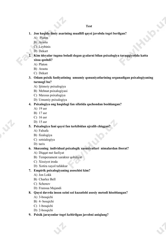 iatga ega ekanligini kim kashf etgan? a) dekart b) leybinis c) spinoza d) karimova 14. psixalogiyada �dualizm � g�oyasini asoschisi? a) geraklit b) gobbs c) platon d) dekart 15. jon haqida ilmiy asarining muallifi kim? a) platon b) demokrit c) aristotel d) gippokrat s 1 2 3 4 5 6 7 8 9 10 11 12 13 14 15 j a a d b a b a d c d d a b b c