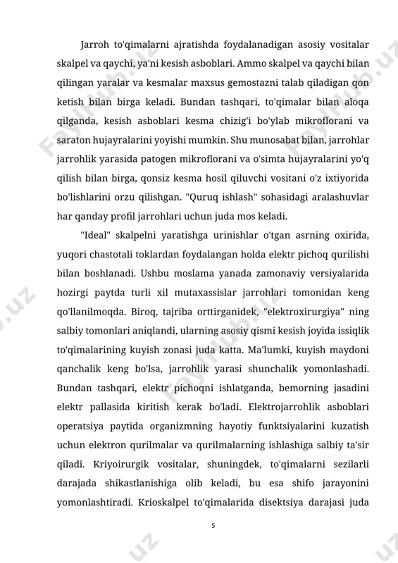 aktiv moddadagi elektonlar yuqori (elektronlar soni yuqori satx n2 da quyi satx n, dagiga nisbatan ko’p bo’ladi) vujudga keladi. ularga biror energiya manbayi bilan ta’sir ettirilsa (masalan, yorug’lik nuri) aktiv modda ishga tushadi. bunda elektronlarga berilgan energiya bir necha ming marta ko’payadi va shu onda lazer nuri shaklini oladi. bundan tashqari lazer nurining qurilmadagi kuchaytrish koeffitsiyenti kk unda sodir bo’ladigan energiya yo’qotishlar koeffitsiyenti ky dan ancha katta bo’lishi kerak. shu shartlar bajarilganda lazer nuri generatsiyasi (hosil bo’lishi)ga erishish mumkin. lazerlar ikki xil rejimiga ega. agar unda uzluksiz energiya manbaidan foydalanilsa, uzluksiz ingichka nur hosil qilish mumkin. 1-rasm. 2. lazerlar va ularning tibbiyotda qo'llanilishi 1964 yilda argon ion lazeri ishlab chiqilgan va sinovdan o'tgan. bu ko'k-yashil spektral mintaqaga ega va to'lqin uzunligi 488 nm bo'lgan cw lazer edi.bu gaz lazeridir va uning quvvatini boshqarish osonroq edi. gemoglobin uning nurlanishini yaxshi singdirdi. qisqa vaqt o'tgach, argon lazeriga asoslangan lazer tizimlari paydo bo'la …