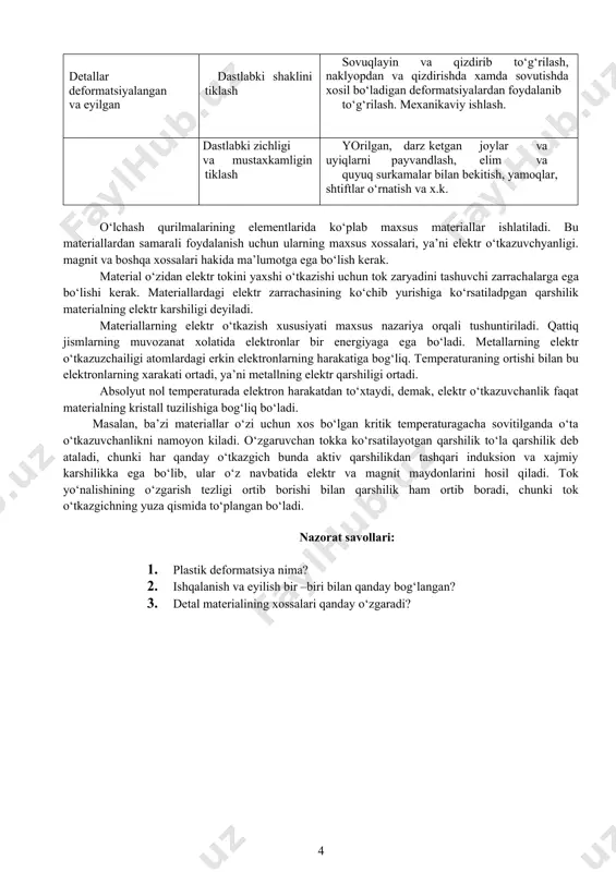 gi qattiq jism yoki zarrachalarning ta’sirida sodir bo‘ladigan gidroabraziv eyilish; v) gaz oqimidagi qattiq jism yoki zarrachalar ta’sirida sodir bo‘ladigan gazoabraziv eyilish; g) detal sirtiga suyuqlik yoki gaz oqishi ko‘rsatadigan ta’sir natijasida sodir bo‘ladigan erozion eyilish; d) ishqalanuvchi sirtning yoki uning ayrim uchaskalarining material mikrohajmining takroriy deformatsiyalanishi natijasida xosil bo‘ladigan toliqishdagi eyilishi, takroriy deformatsiya mikro va makroskopik yorilishlarga xamda zarrachalarning ajralishiga sabab bo‘ladi; e) kavitatsion sharoitga qattiq jismning suyuqlikdagi nisbiy xarakati natijasida sodir bo‘ladigan kavitatsion eyilish. molekulyar-mexanikaviy eyilishning turlaridan biri detallarning qadalishidagi eyilishidir, bunda material chuqur o‘yiladi, u bir ishqalanish yuzasidan ikkinchi ishqalanish yuzasiga ko‘chadi va xosil bo‘ladigan notekisliklar tutashgan sirtlarga ta’sir etadi. korrozion-mexanikaviy eyilish turlari: a) oksidlantiruvchi eyilish - bu tur eyilish detal materialining kislorod bilan o‘zaro ta’sirlanishi natijasida ishqalanish yuzalarida ximoya pardalari mavjud bo‘lganda paydo bo‘ladi; b) fretting-korroziyadagi eyilish – tutashma sirtlarning kichik tebranma siljishlarda eyilishi. ba’zi detallarning eyilish turlari misol tariqasida jadvalda keltirilgan. buzuqliklarning turi buzuqliklarni tuzatish …