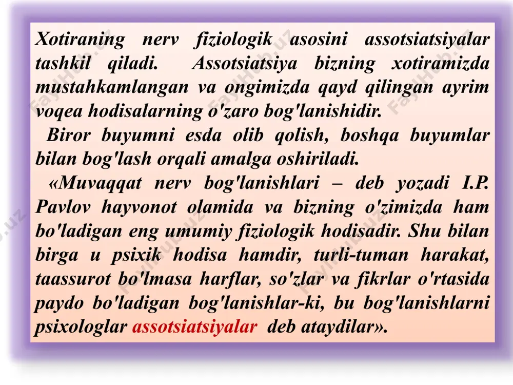 ayonida qatnashtirishga harakat qilishi kerak deb yozgan edi psixolog k.d. ushinskiy. oʻquvchilar bilan qilingan tajribalarda bir- biri bilan bogʻlanmagan soʻzlarni uch xil usulda yodlash buyurilgan: xotirada qolgan 5 minutdan keyin 7 kundan keyin 1 58 % 26.6 % 2 75% 34.3 % 3 80% 41 % 1. faqat ichida oʻqib yodlash; 2. koʻrib va ovoz chiqarib oʻqish; 3. koʻrib, ovoz chiqarib oʻqish va yozib olish; esda olib qolish jarayoni deganda sezgi, idrok, tafakkur, ichki kechinmalarni xotirada saqlanish xususiyati tushuniladi. esga tushirish - o‘tmishda idrok qilingan narsalar, his-tuyg‘u, fikr va ish-harakatlarning ongimizda qaytadan tiklanishiga aytiladi. esga tushirishning nerv-fiziologik asoslari bosh miya po‘stida ilgari hosil bo‘lgan nerv bog‘lanishlarning qo‘zg‘alishidir. esga tushirishning quyidagi turlari mavjud: tanish- ilgari idrok qilingan narsa va hodisalarni takror idrok qilish natijasida u yoki bu hodisani esga tushirishdir eslash- narsa va hodisalarni, uni ayni paytda idrok qilmay esga tushirishdir. bevosita eslash- tushirish materialni idrok qilish ketidanoq esga tushirishdan iborat. …