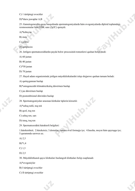 lanıwı neden baslanadı: a) blastuladan b) neyruladan c) zigotadan d)*gametogenezden 52. spermatozoidlardın jatır trubalarındagı suyıqlıq agımına qarsı háreketlene alıw qubılısı ne dep ataladı: a) fotoperiodizm b) taksis c)*reotaksis d) durıs juwap joq qq 1. embironal da`wirdın` baslanıwı: a)*ma`yek kletkanın`` spermatozoid penen tuqımlanıp ha`m zigotanın`` payda bolıwınan b) ma`yek kletkanın` ko`beyiw basqıshınan c) spermatozoidtın ko`beyiw basqıshınan d) 3 toqımanın` qa`liplesiwinen 2. blastulanın`` bir qabatlı kletkalardan turatug`ın qabatı ne dep ataladı: a) entoderma b) mezoderma c) ektoderma d)*blastoderma 3. embrional rawajlanıw da`wirine kirmeytug`ın basqıshtı ko`rsetin`: a) zigotanın`` payda bolıwı b) bir qabatlı embrionnın`` payda bolıwı c)*jınıslı kletkalardın`` payda bolıwı d) 2 yamasa 3 qabatlı embrionnın`` payda bolıwı 4. maydalanıw na`tiyjesinde payda bolg`an kletkalar ne dep ataladı: a) morula b) blastula c)*blastomera d) gastrula 6. maydalanıw tipi nege baylanıslı: a)*ma`yek kletkanın`` tipine qaray b) spermatozoidtın` tipine qaray c) organlardın` tipine qaray d) toqımalardın` tipine qaray 7. tsitotomiya (tsitoplazmanın` bo`liniwi) qaysında a`hmiyetli roldi oynaydı: …