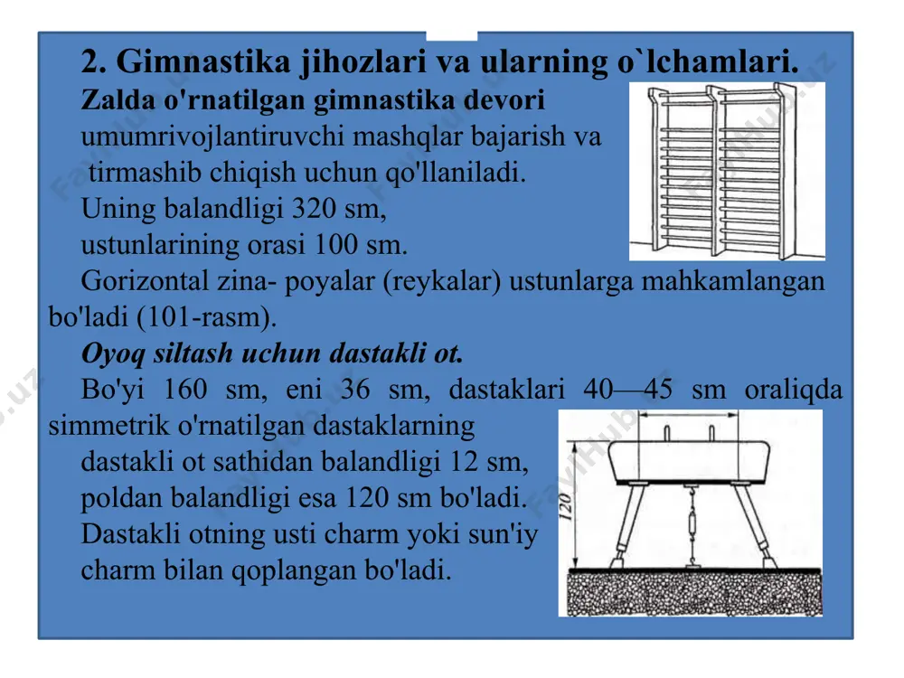 vuchlarga gorizontal mahkamlangan, silliqlangan, diametri 28 mm temir tayoqdan iborat. mashg'ulotni mavzusiga qa­rab yakkacho'pning balandligini yer sahnidan 120 sm.dan 240 sm.gacha o'rnatsa bo'ladi. gimnastika mashg'ulotlari bilan shug'ul- lanishni yaqinda boshlagan yosh sportchilar, mashg'ulotlarni devor yonida o'rnatiladigan yakkacho'pda o'tkazishlarini tavsiya etamiz. yakkacho'pning tirgovuchlari aniq vertikal, temirdan yasalgan cho'pi esa gorizontal holatda o'rnatiladi. bunda uning hamma mah- kamlagichlari, ayniqsa, poldagi ilgaklar mahkam bo'lishiga e'tiborni qaratish lozim. yakkacho'pni tez o'rnatish uchun uni yerga (polga), tirgovuchlari o'rnatiladigan joyga to'g'rilab yotqizib qo'yiladi. tortqichlari bilan troslarini tekshirib ко'rib, ikki kishi uni tik holatda ushlab turadi-da, boshqa ikki kishi tortqichlarini mahkam- laydi. bir tomonini to'g'rilab olgandan so'ng, tirgovuchlar bilan yakkacho'pning aniq turishini e'tibordan chetda qoldirmay, tutash- tiruvchi mufta yordamida ikkinchi tomonidagi tortqichlarini tortish mumkin, jihozning kerakli balandligini tezroq aniqlash uchun tirgovuchlarga belgilar (bo'yoq bilan) qo'yiladi. devor yonidagi yakkacho'pni o'rnatish bundan ham oson, devorga mahkamlab qo'yilgan tirgovuchga qarab ikkinchi (ko'chma) tirgovuch holati belgilanadi va tezgina o'rnatiladi. mashg'ulot oldidan …